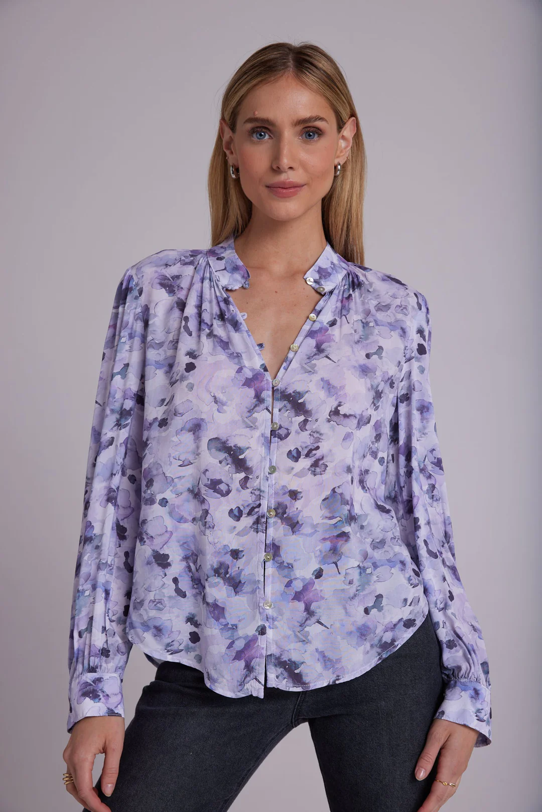 Bella Dahl Shirred Button Up Blouse - Lilac Floret Print Clothing - Tops - Shirts - Blouses - Blouses Top Price by Bella Dahl | Grace the Boutique