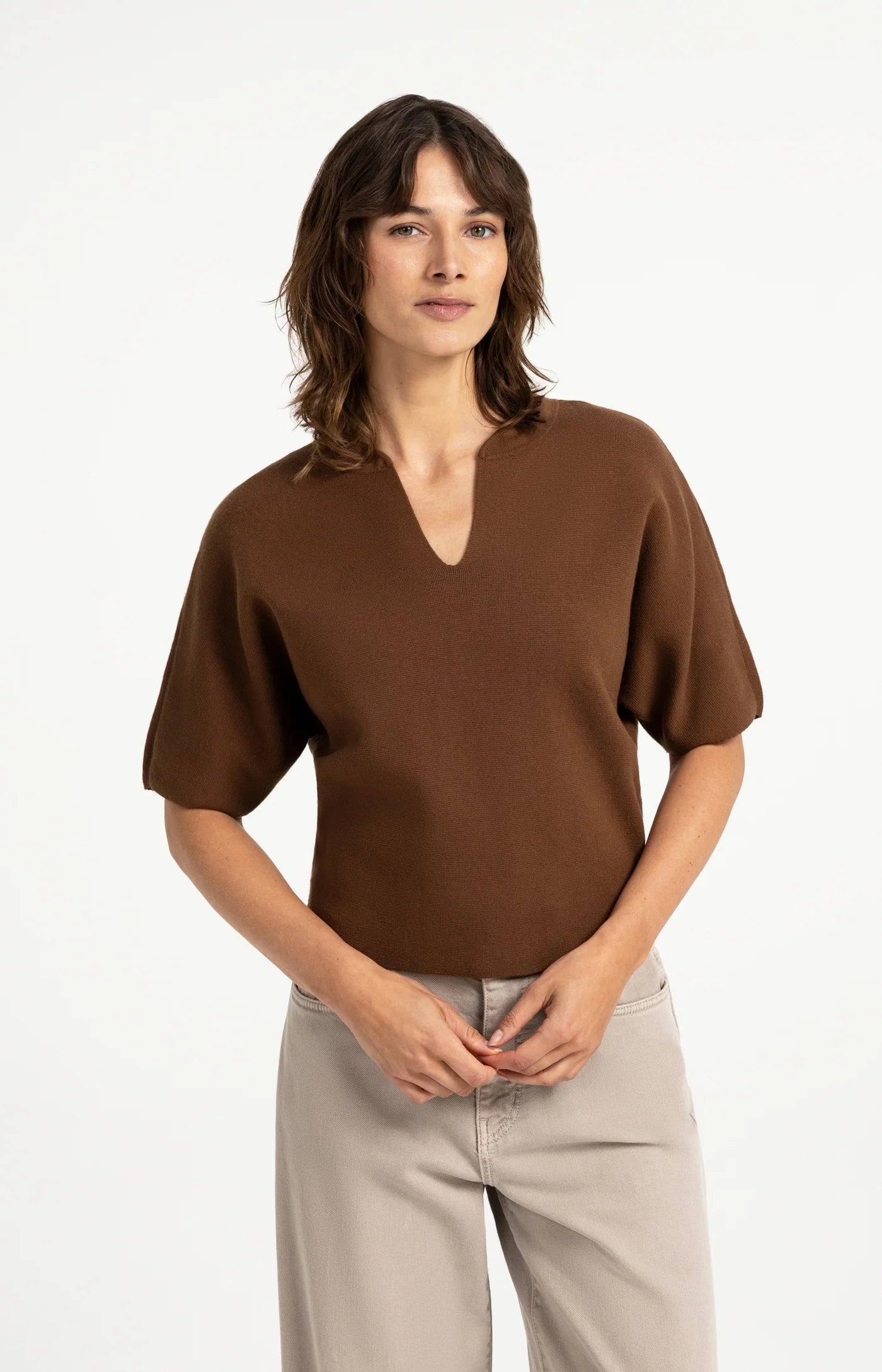 Yaya Knit Bomber Collar Tee - Bison Brown