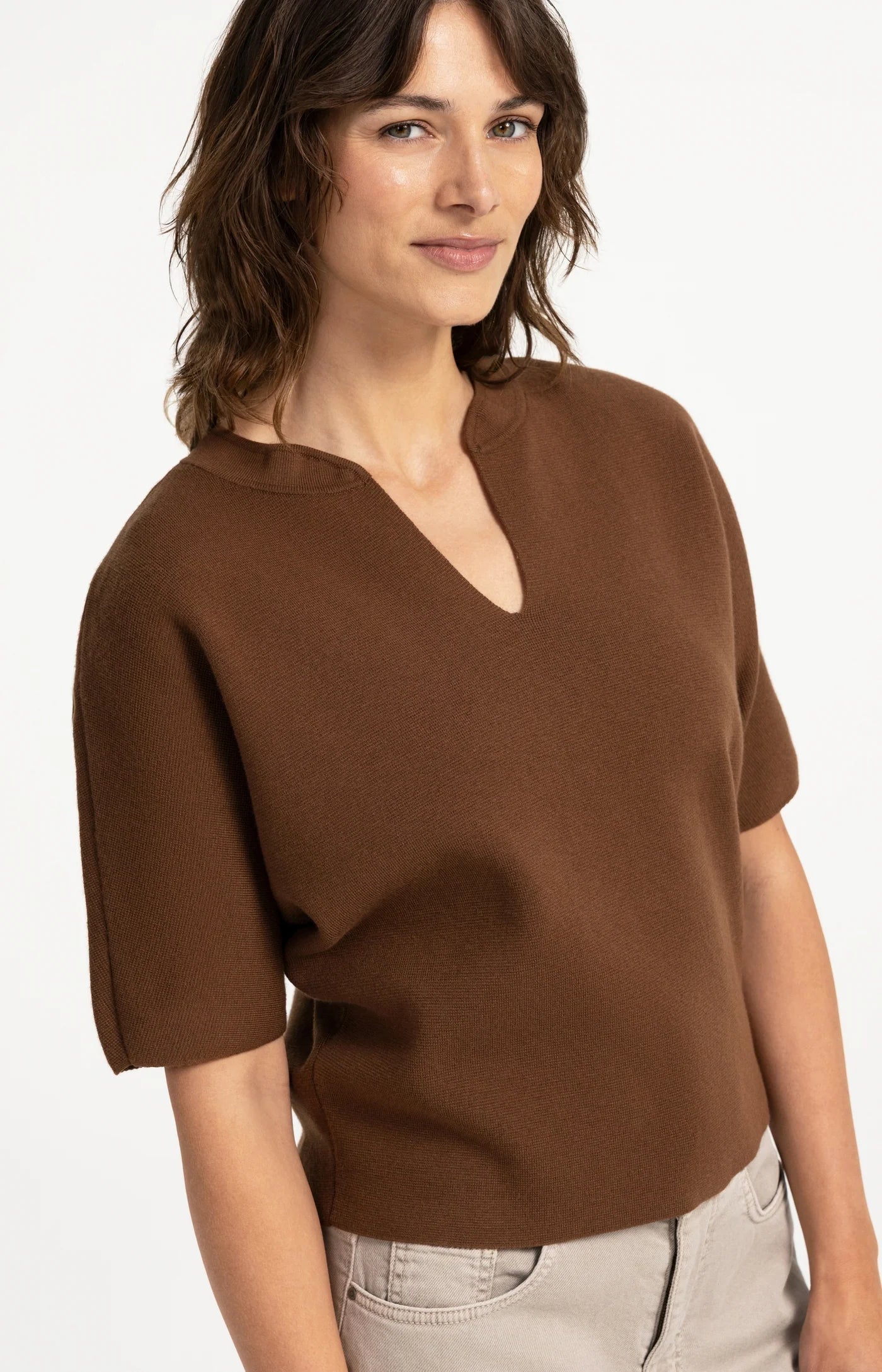 Yaya Knit Bomber Collar Tee - Bison Brown