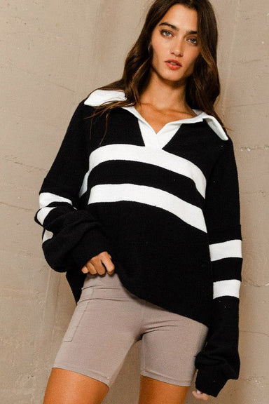 Bucket List Collared Neck Sweater - Black/Ivory Clothing - Tops - Sweaters - Sweatshirts by Bucket List | Grace the Boutique