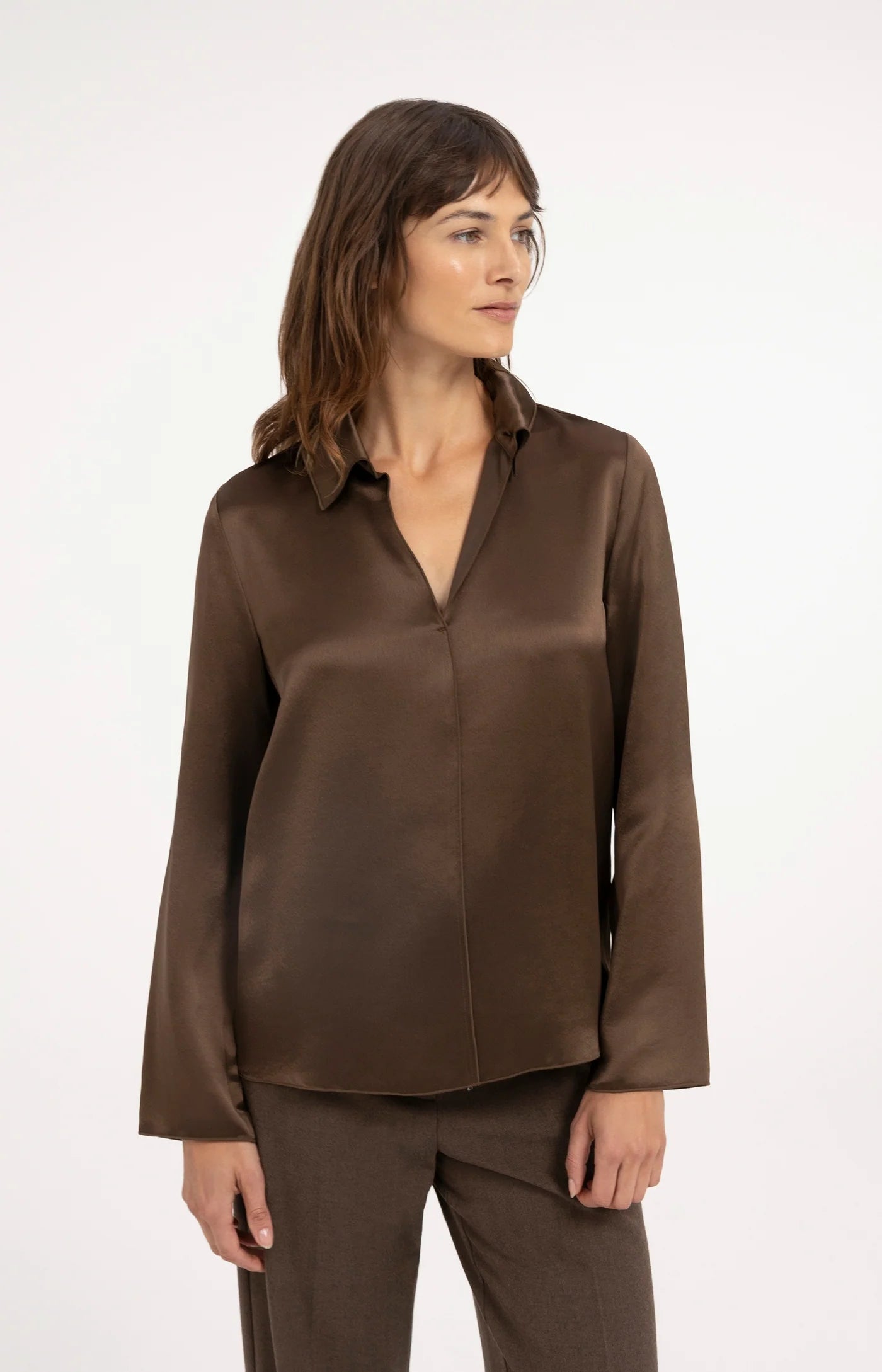 Yaya Satin Top with Collar - Cocoa Brown