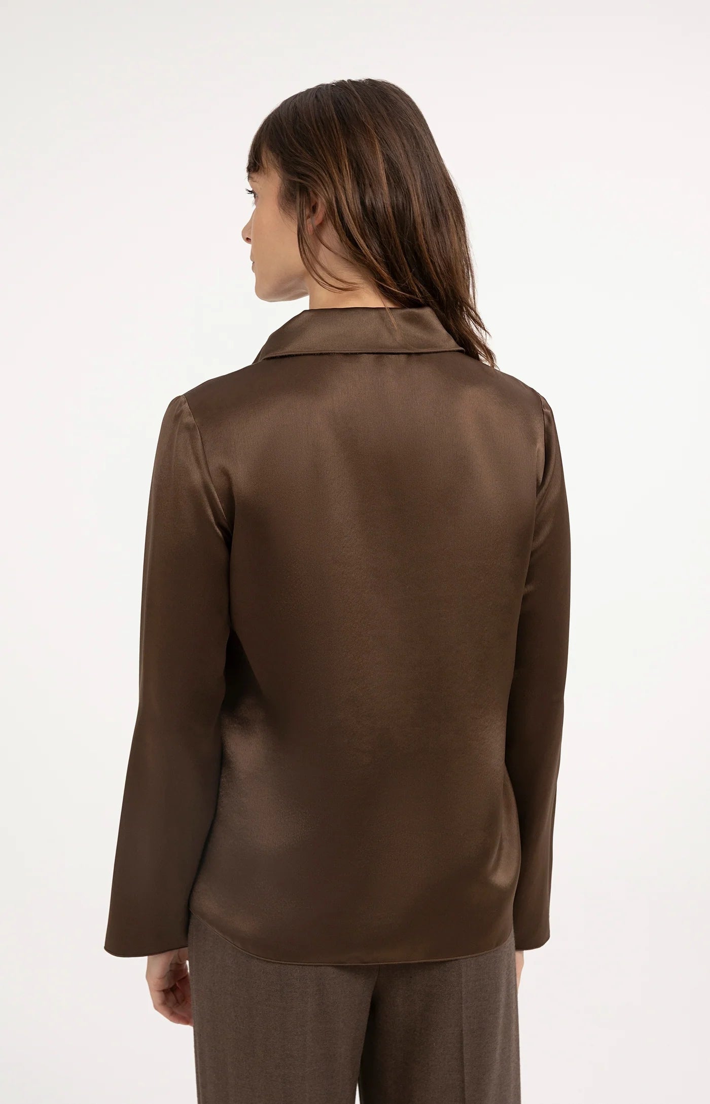 Yaya Satin Top with Collar - Cocoa Brown