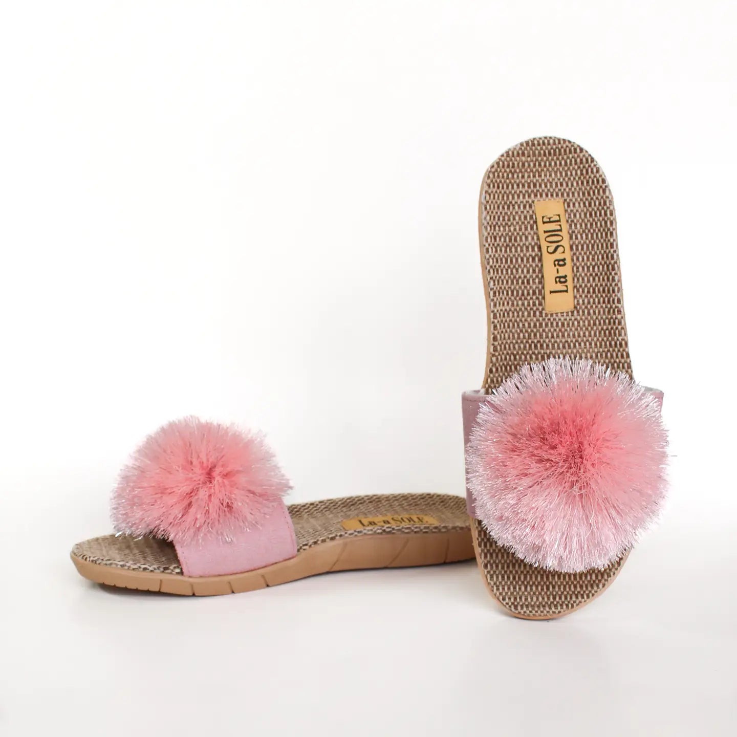 La-a SOLE Pom Pom Slides - Pink Shimmer