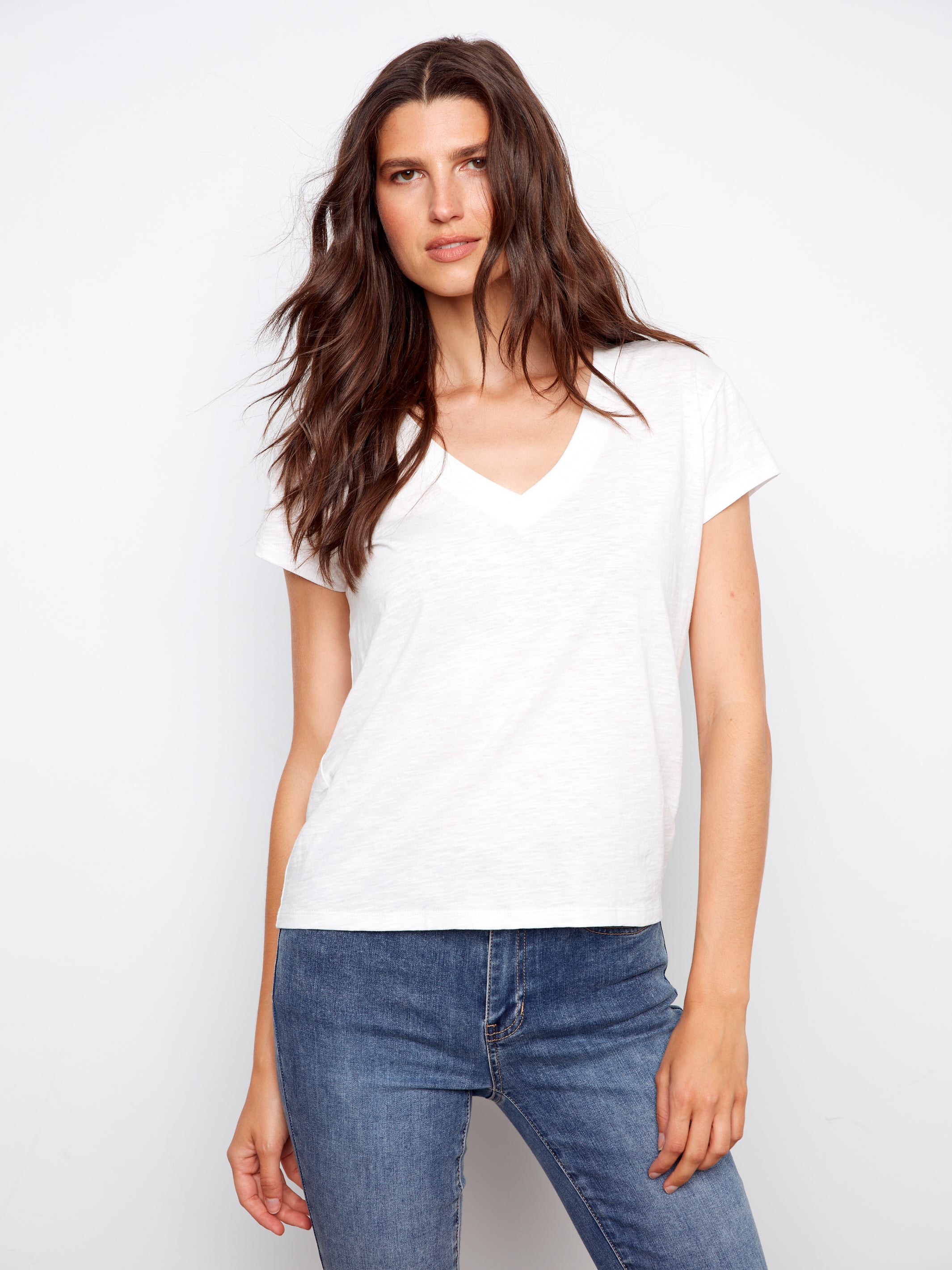 Charlie B Basic V Neck Tee - White