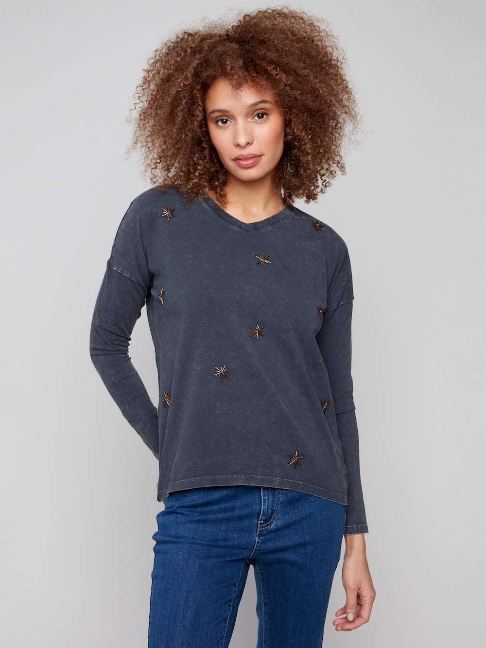 Charlie B Beaded Vintage Wash Knit - Charcoal