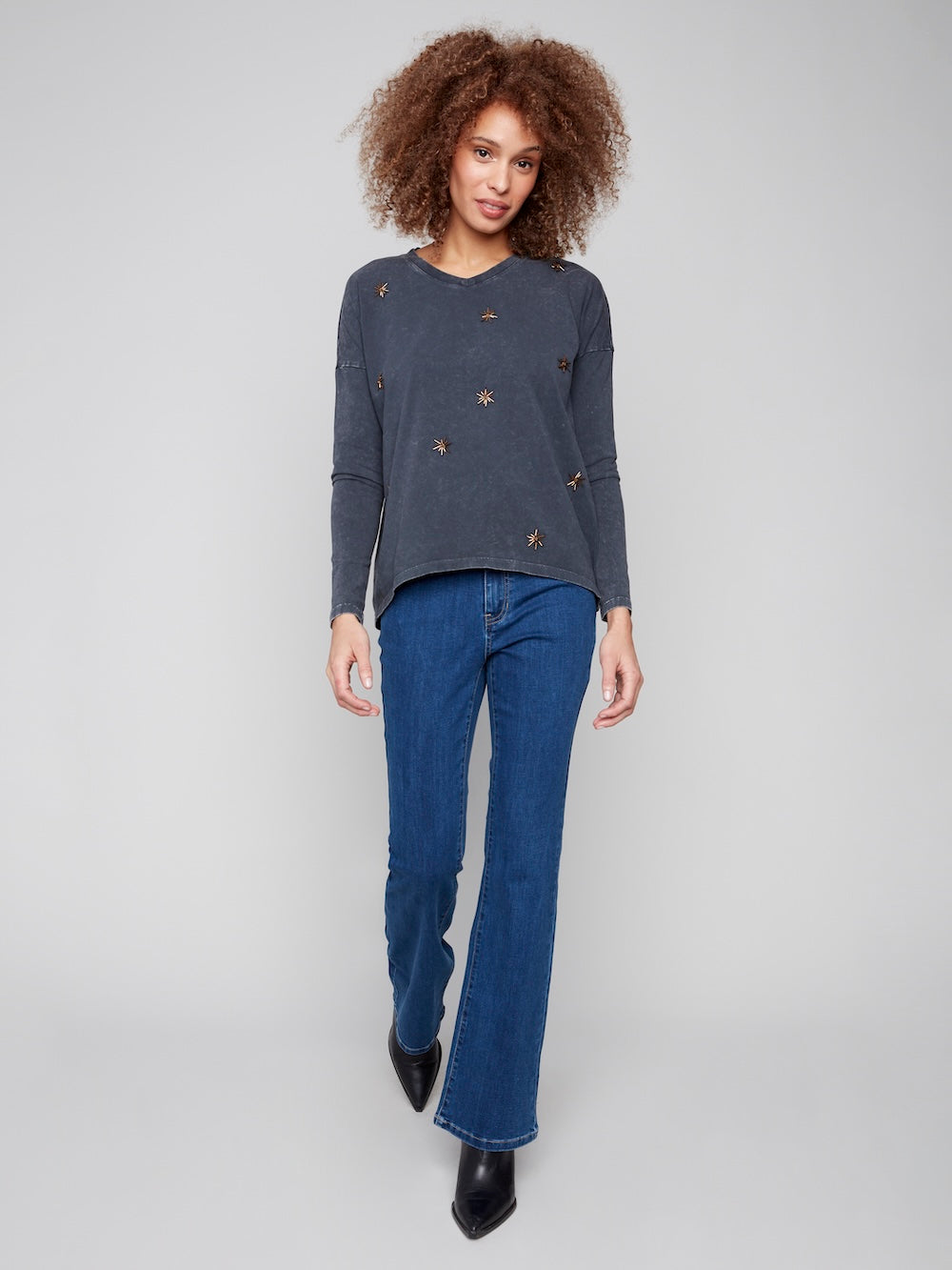 Charlie B Beaded Vintage Wash Knit - Charcoal