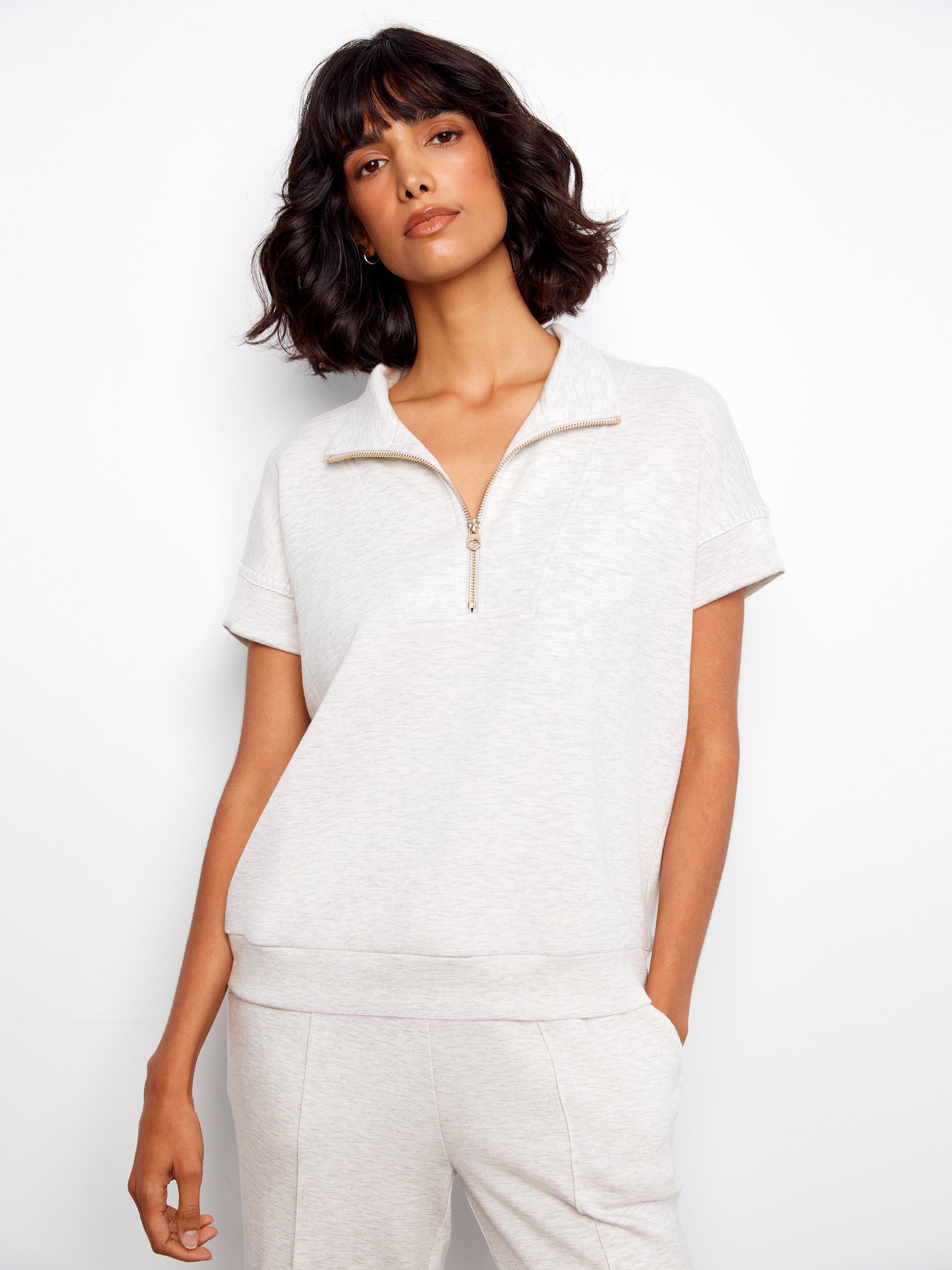 Charlie B Blanket Stitch 1/2 Zip - Light Grey