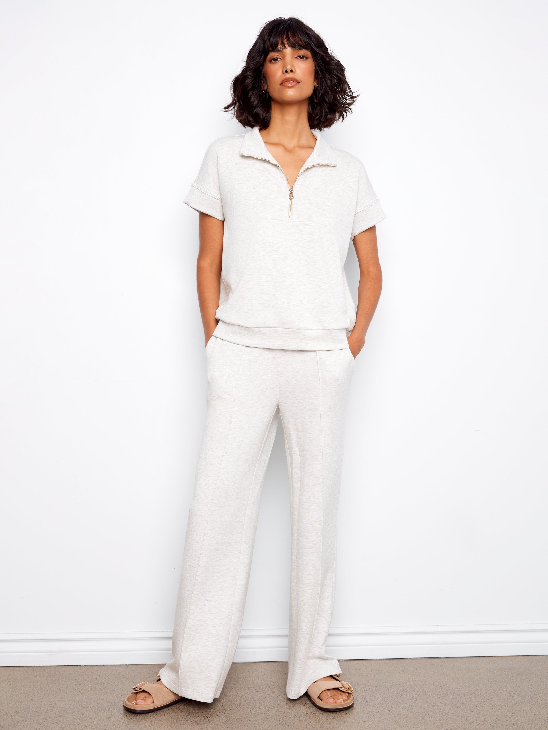 Charlie B Blanket Stitch 1/2 Zip - Light Grey