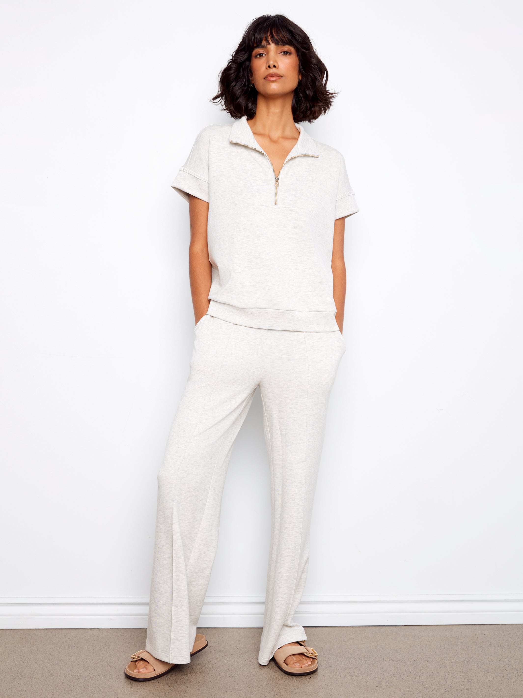 Charlie B Blanket Stitch 1/2 Zip - Light Grey