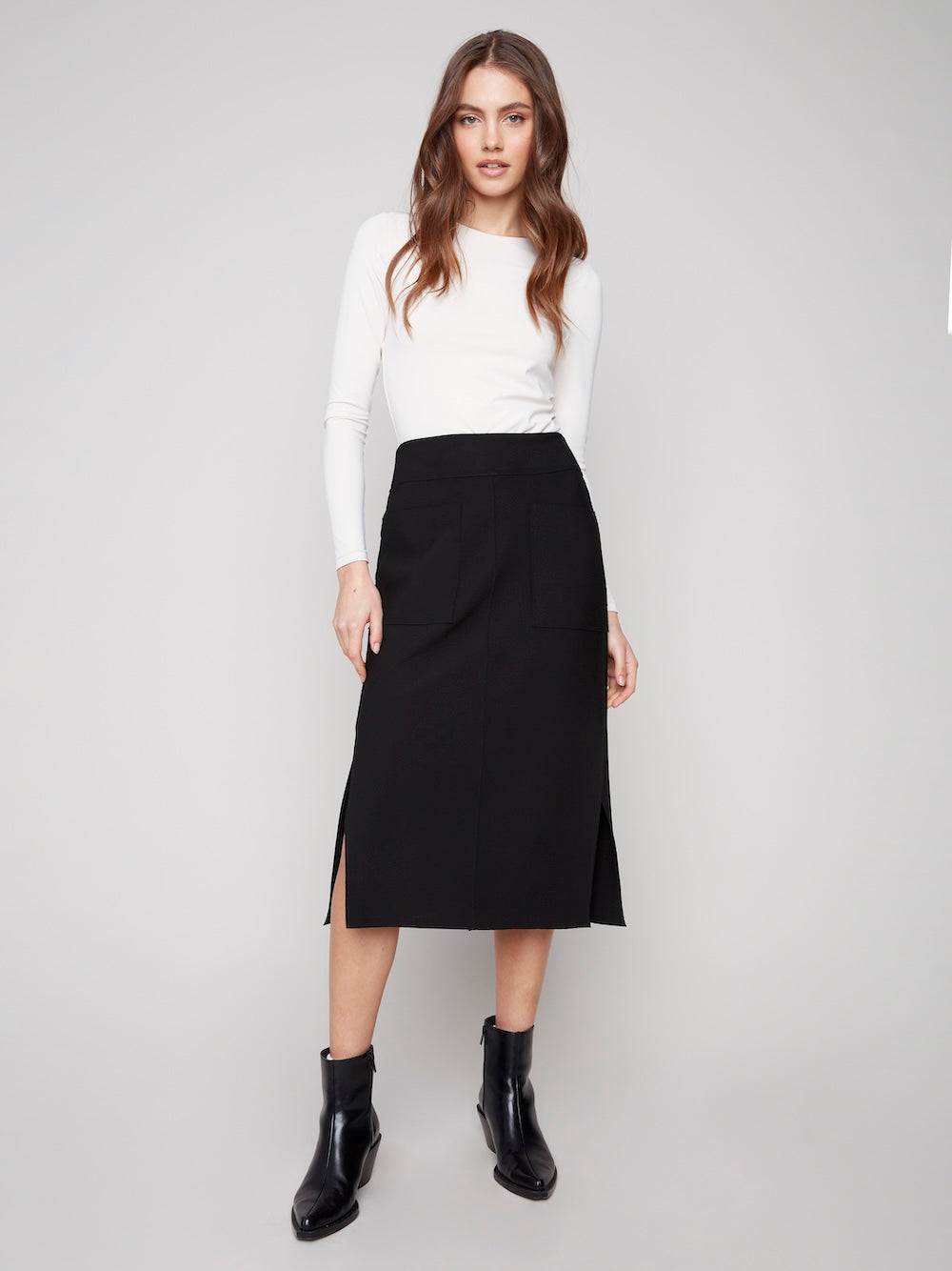 Charlie B Crepe Skirt with Patch Pockets - Black