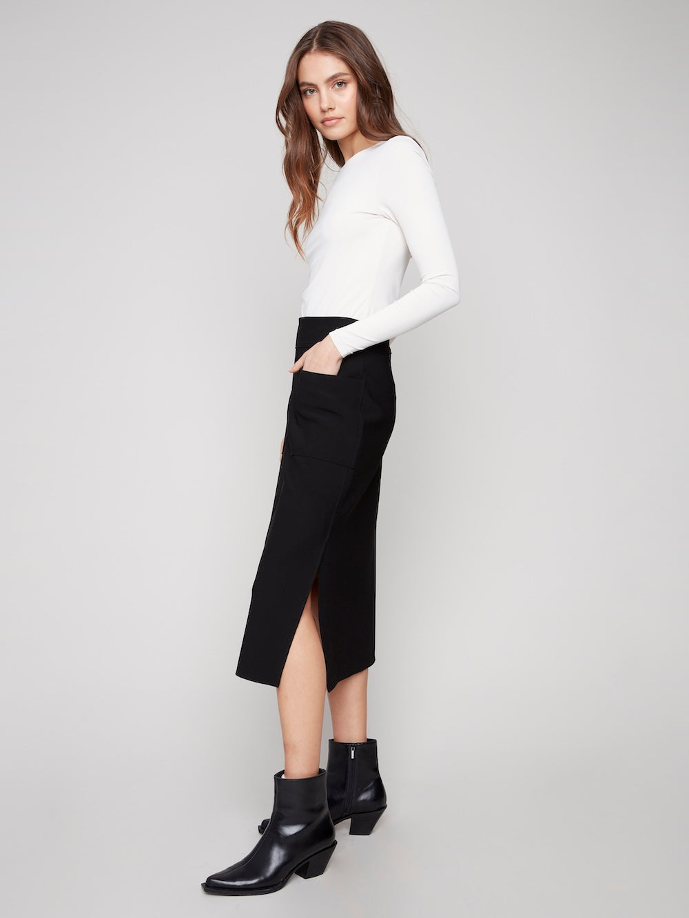 Charlie B Crepe Skirt with Patch Pockets - Black