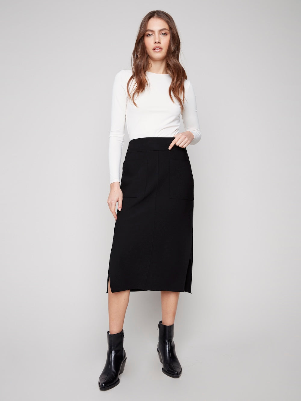 Charlie B Crepe Skirt with Patch Pockets - Black