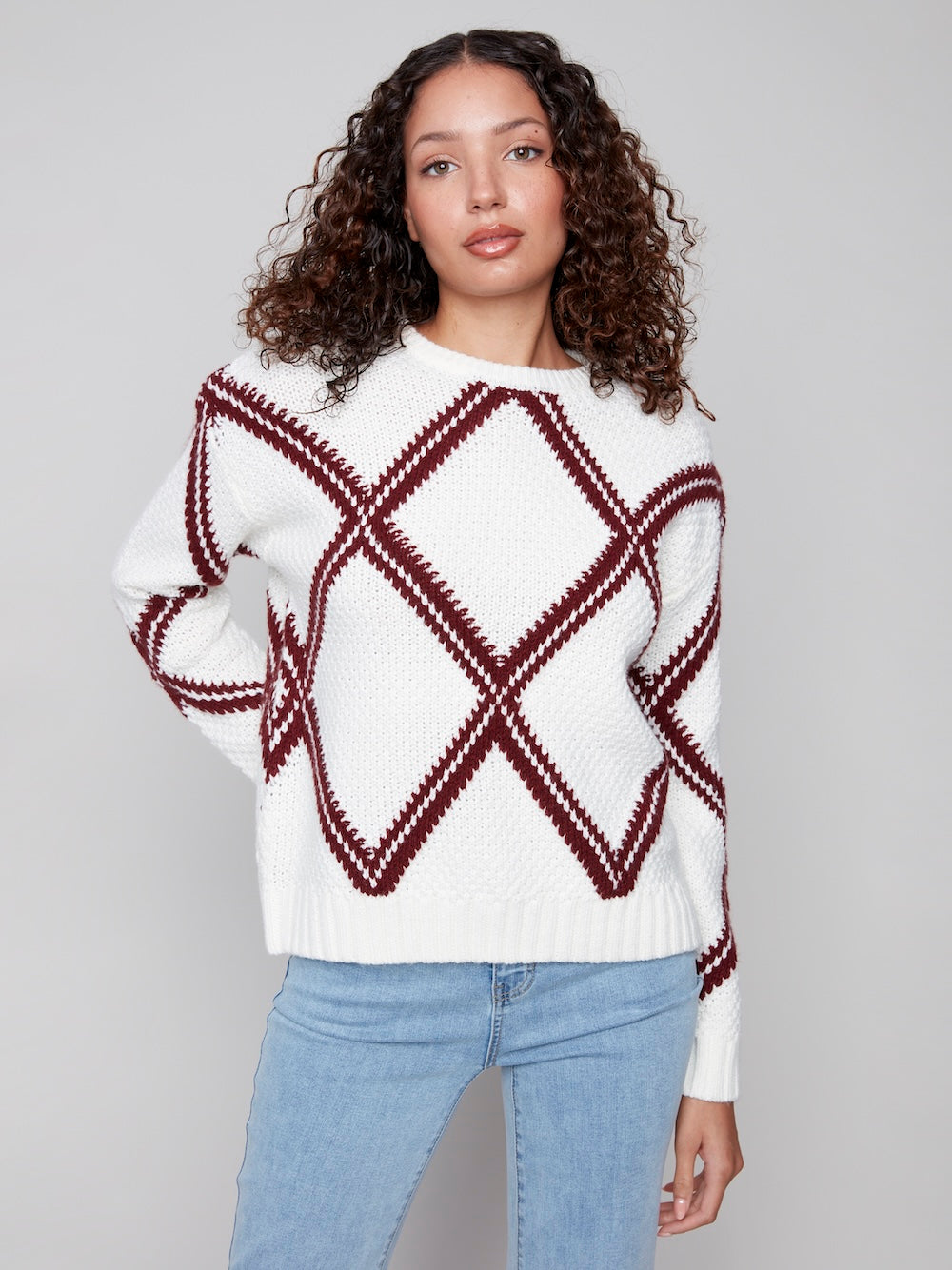 Charlie B Crew Neck Intarsia Sweater - Cabernet