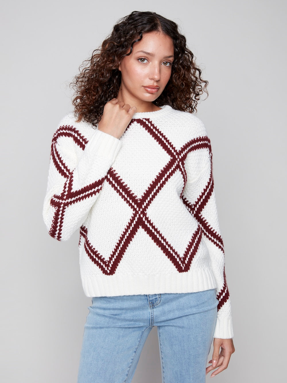 Charlie B Crew Neck Intarsia Sweater - Cabernet
