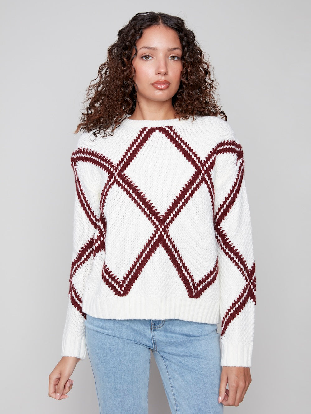 Charlie B Crew Neck Intarsia Sweater - Cabernet