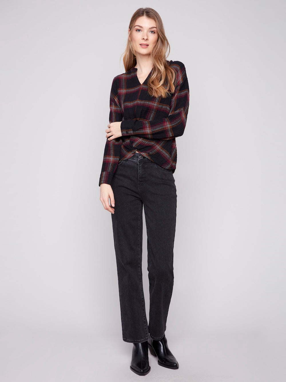 Charlie B Double Gauze Blouse with Knot-Fuchsia