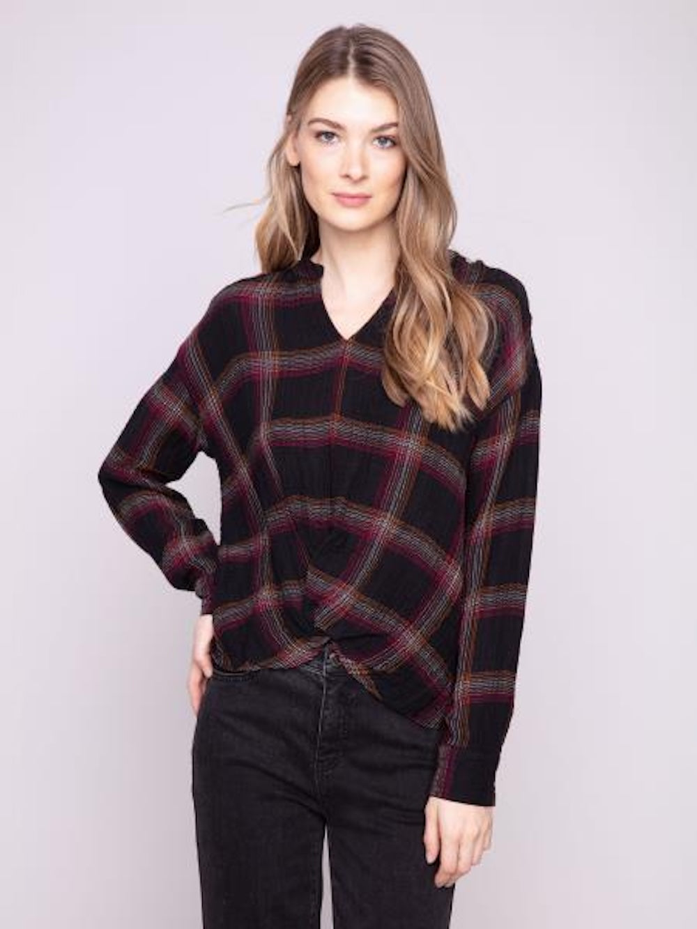 Charlie B Double Gauze Blouse with Knot-Fuchsia