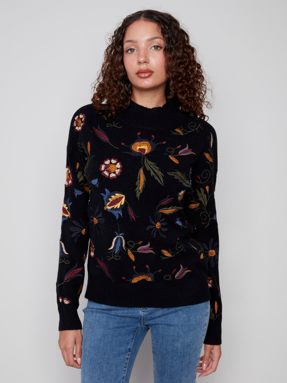 Charlie B Embroidered Mock Neck Top - Black