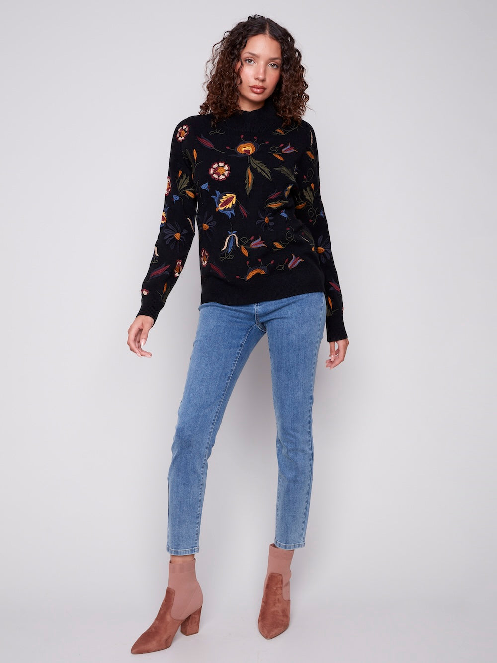 Charlie B Embroidered Mock Neck Top - Black
