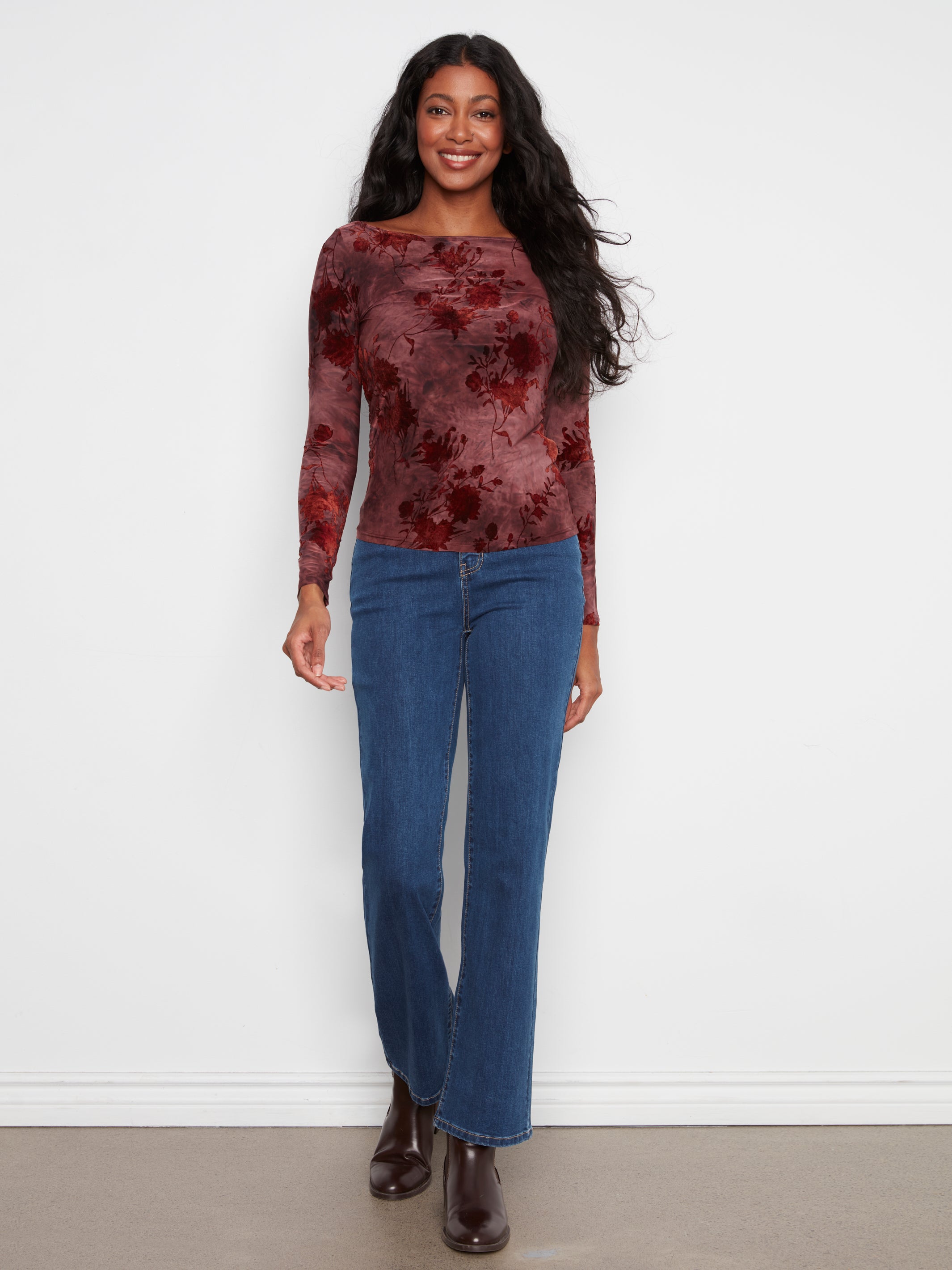 Charlie B Flocked Jersey Top - Merlot