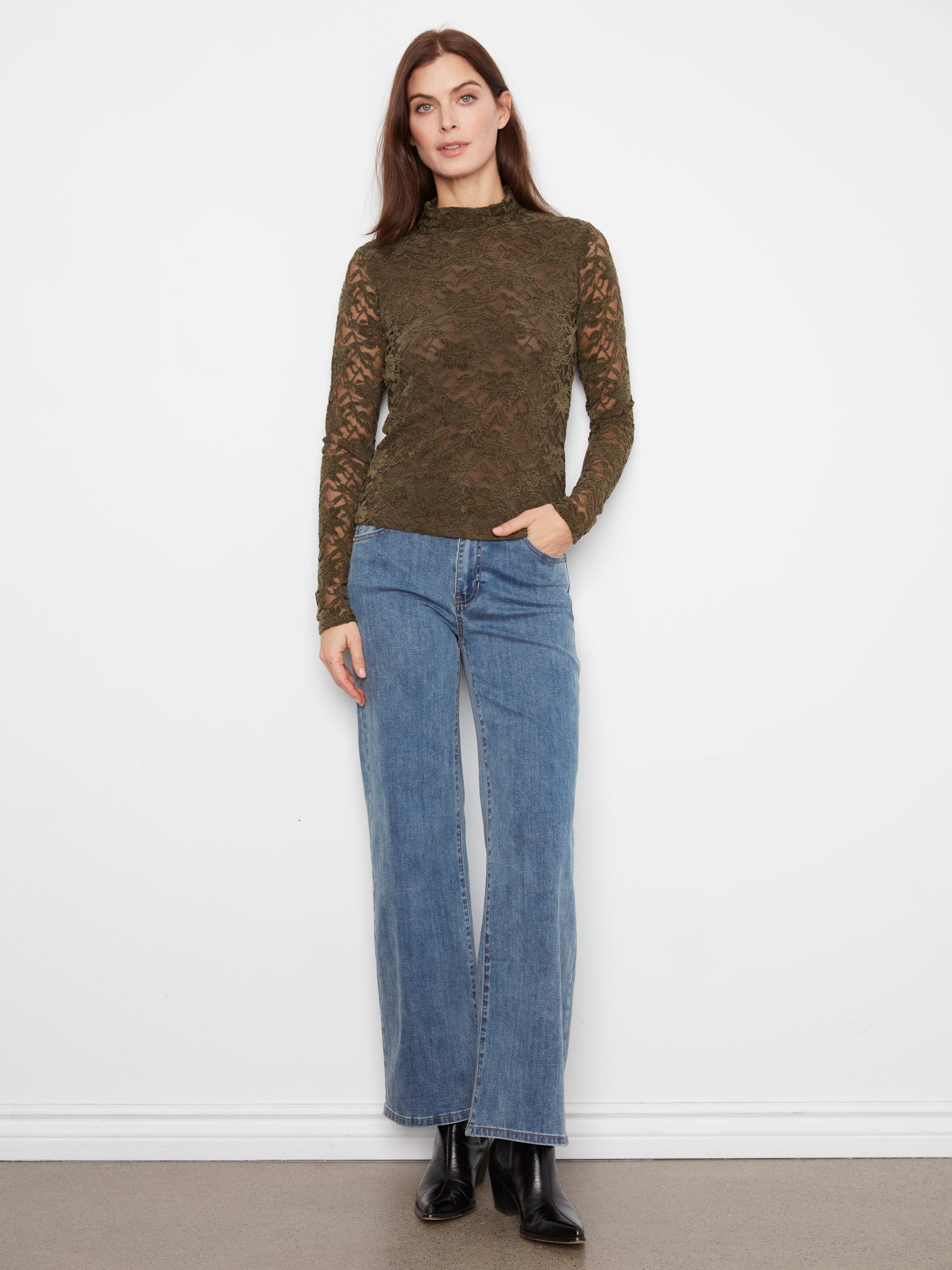 Charlie B Flocked Lace Top - Dark Olive