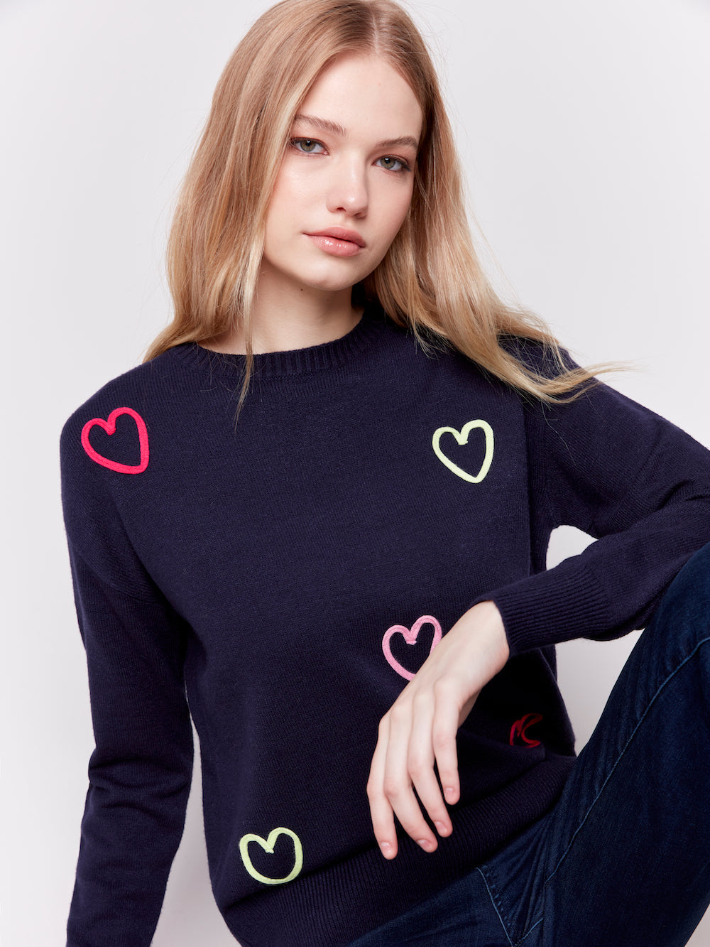 Charlie B Hearts Sweater - Navy Clothing - Tops - Sweaters - Pullovers by Charlie B | Grace the Boutique