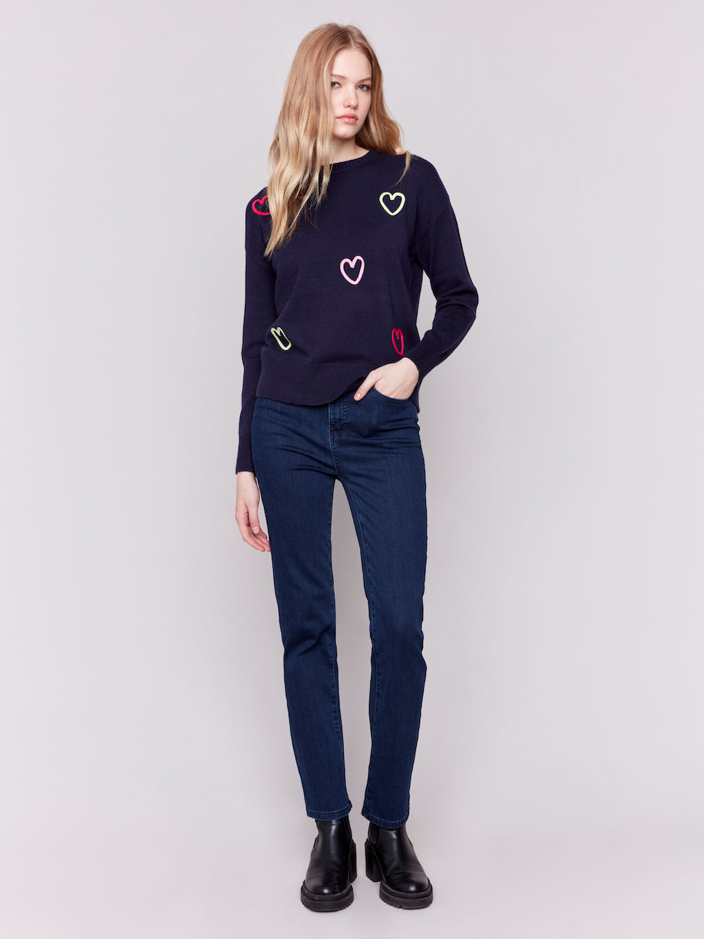 Charlie B Hearts Sweater - Navy Clothing - Tops - Sweaters - Pullovers by Charlie B | Grace the Boutique