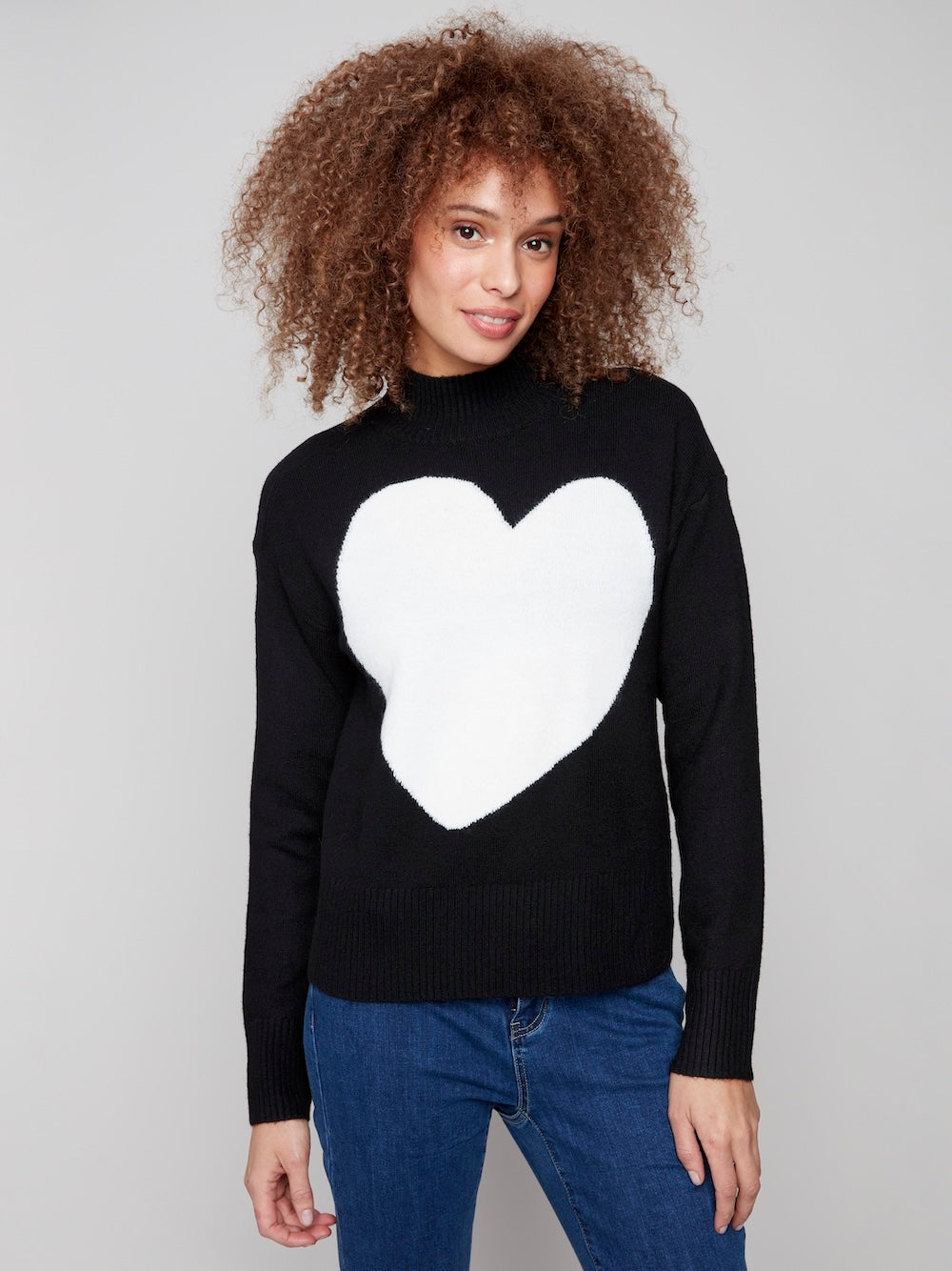 Charlie B Intarsia Heart Mock Neck - Black