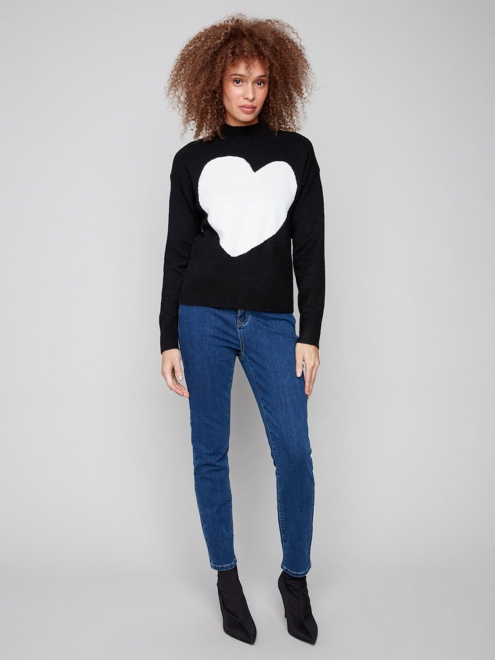 Charlie B Intarsia Heart Mock Neck - Black