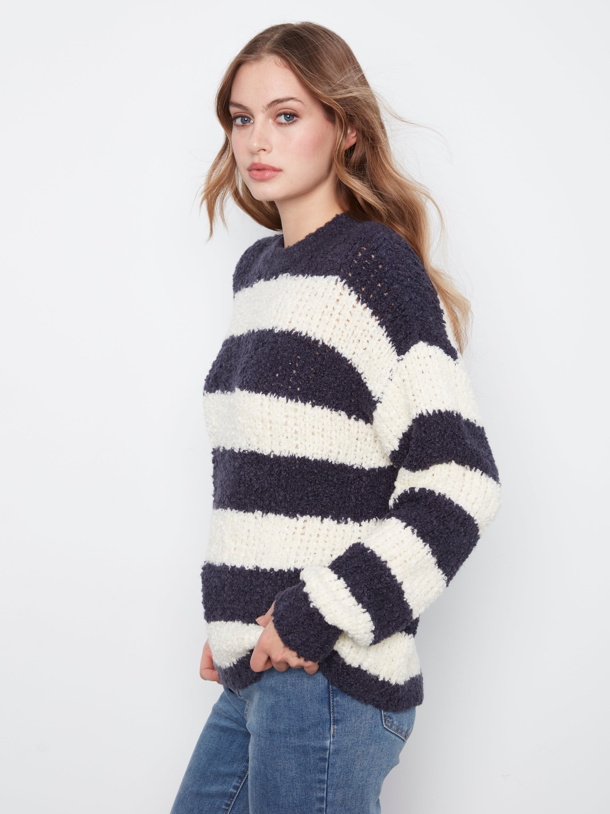 Charlie B Jana Striped Boucle Sweater - Navy