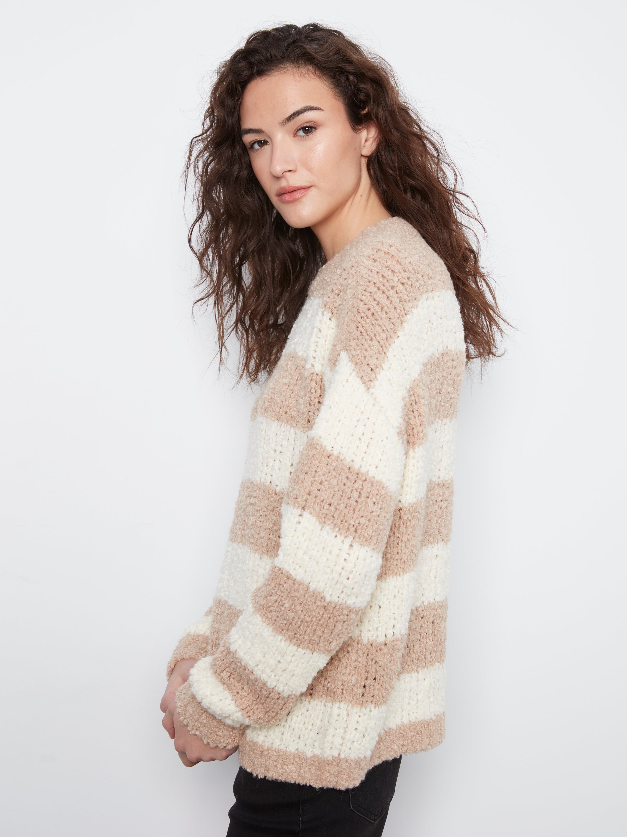 Charlie B Jana Striped Boucle Sweater - Tan