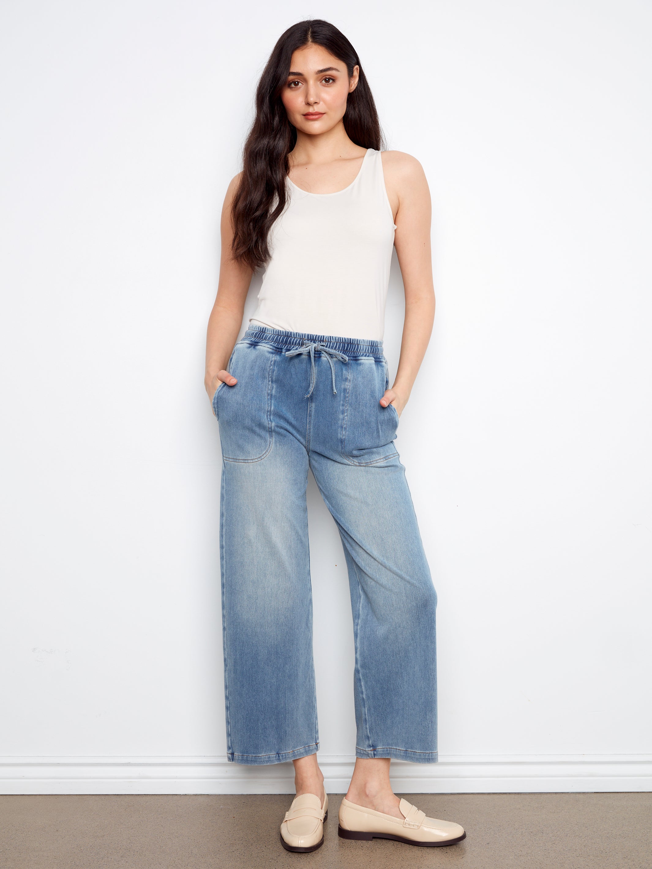 Charlie B Knit Wide Leg Jogger - Medium Blue