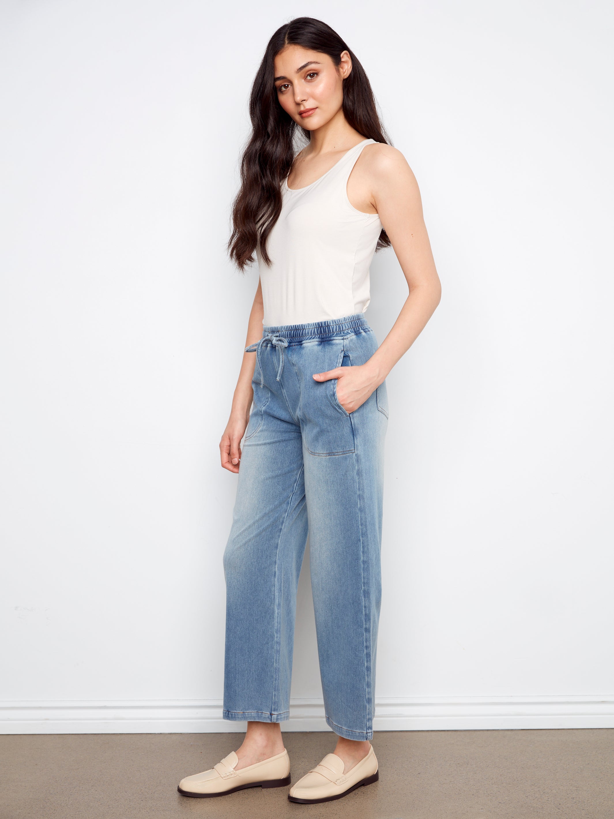 Charlie B Knit Wide Leg Jogger - Medium Blue