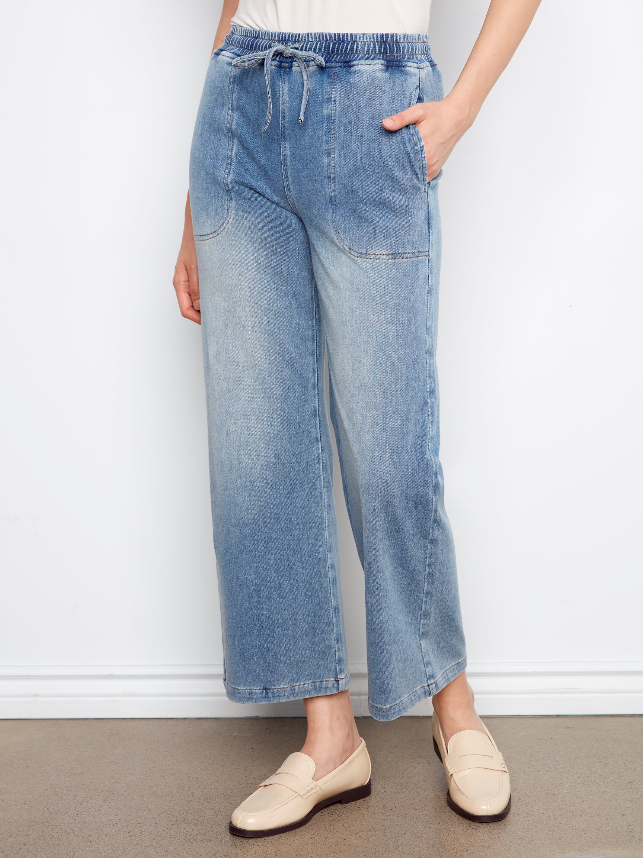 Charlie B Knit Wide Leg Jogger - Medium Blue
