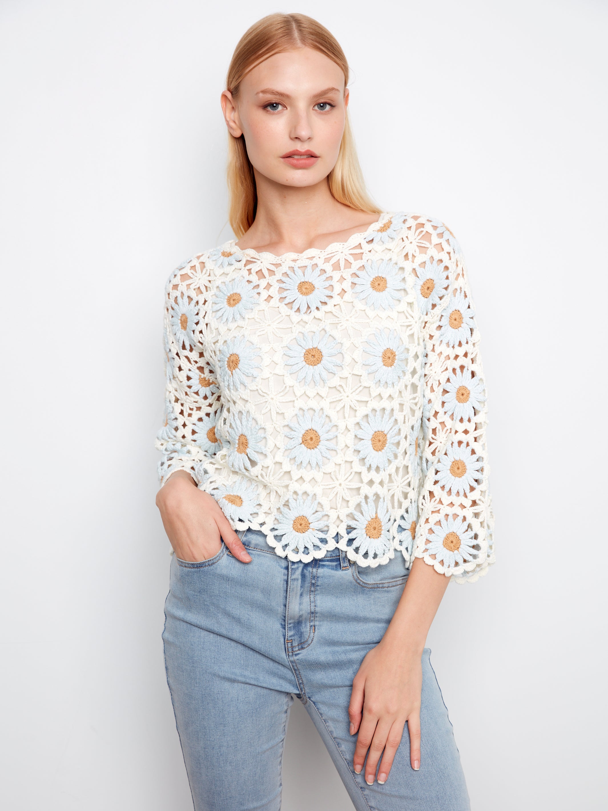 Charlie B Lara Crochet Sweater - Powder
