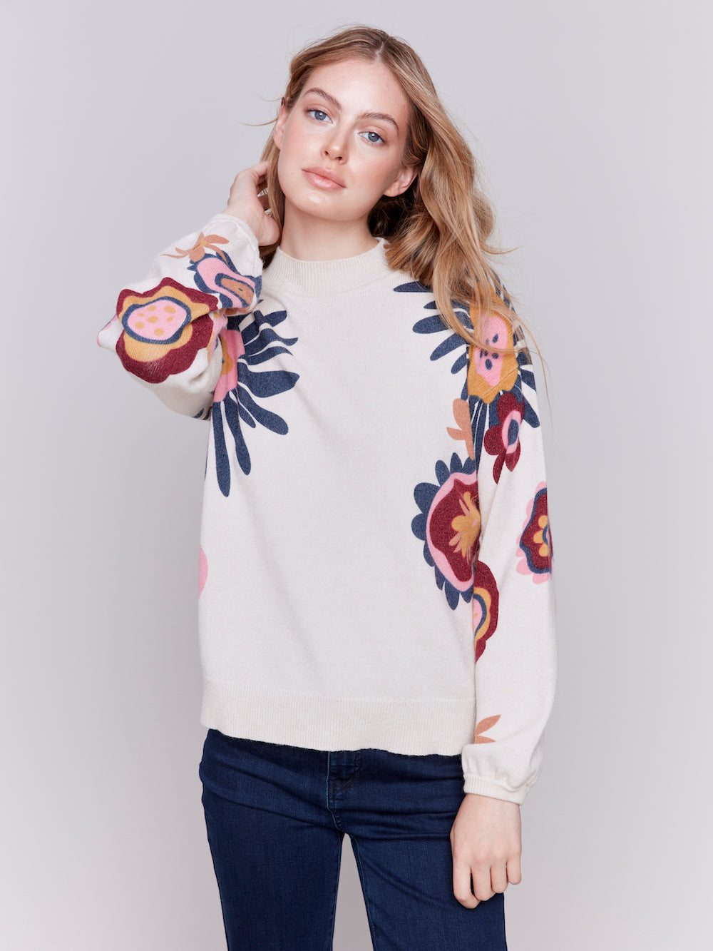 Charlie B Luella Printed Sweater - Heather Beige Clothing - Tops - Sweaters - Pullovers by Charlie B | Grace the Boutique