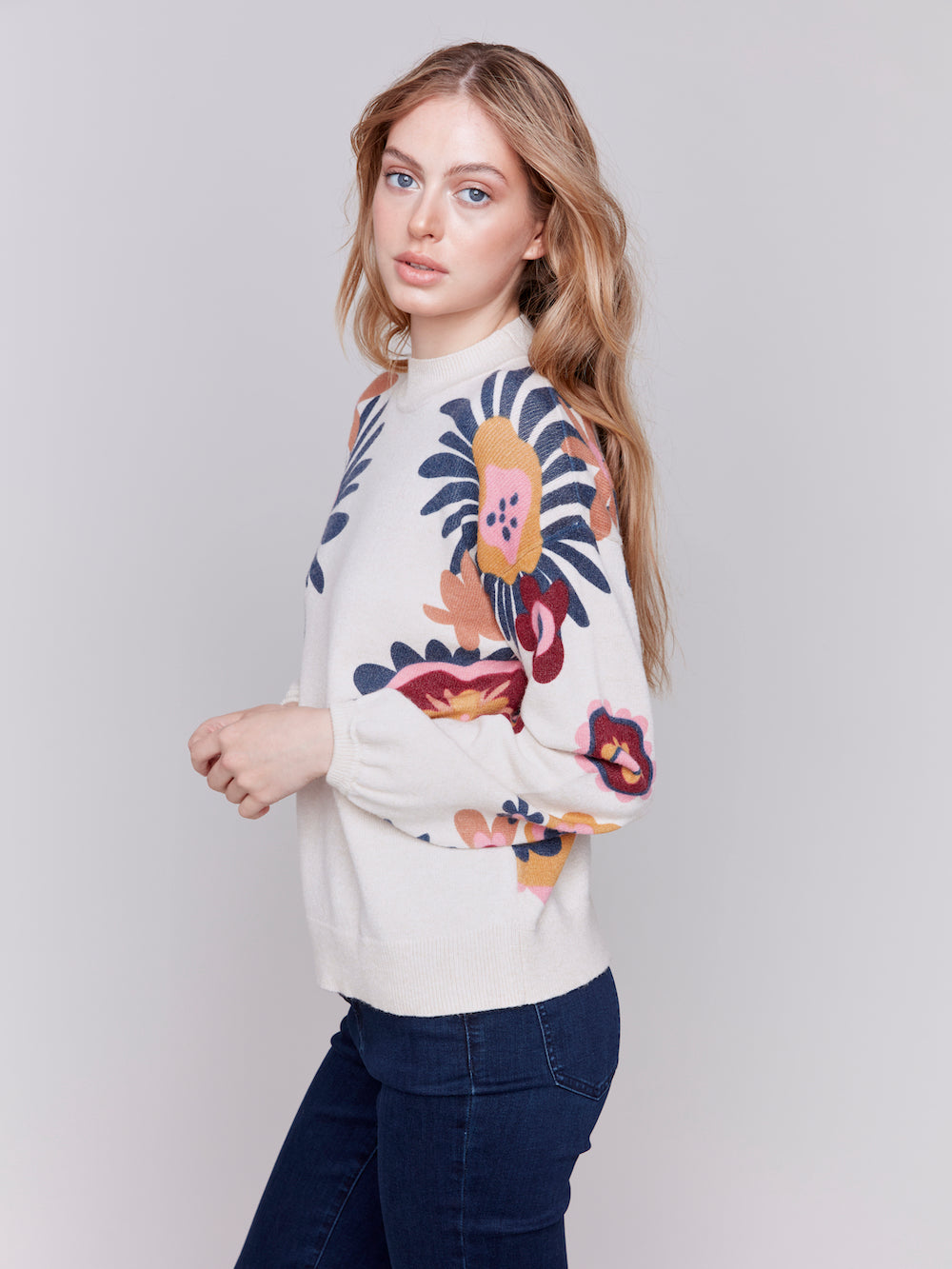 Charlie B Luella Printed Sweater - Heather Beige Clothing - Tops - Sweaters - Pullovers by Charlie B | Grace the Boutique