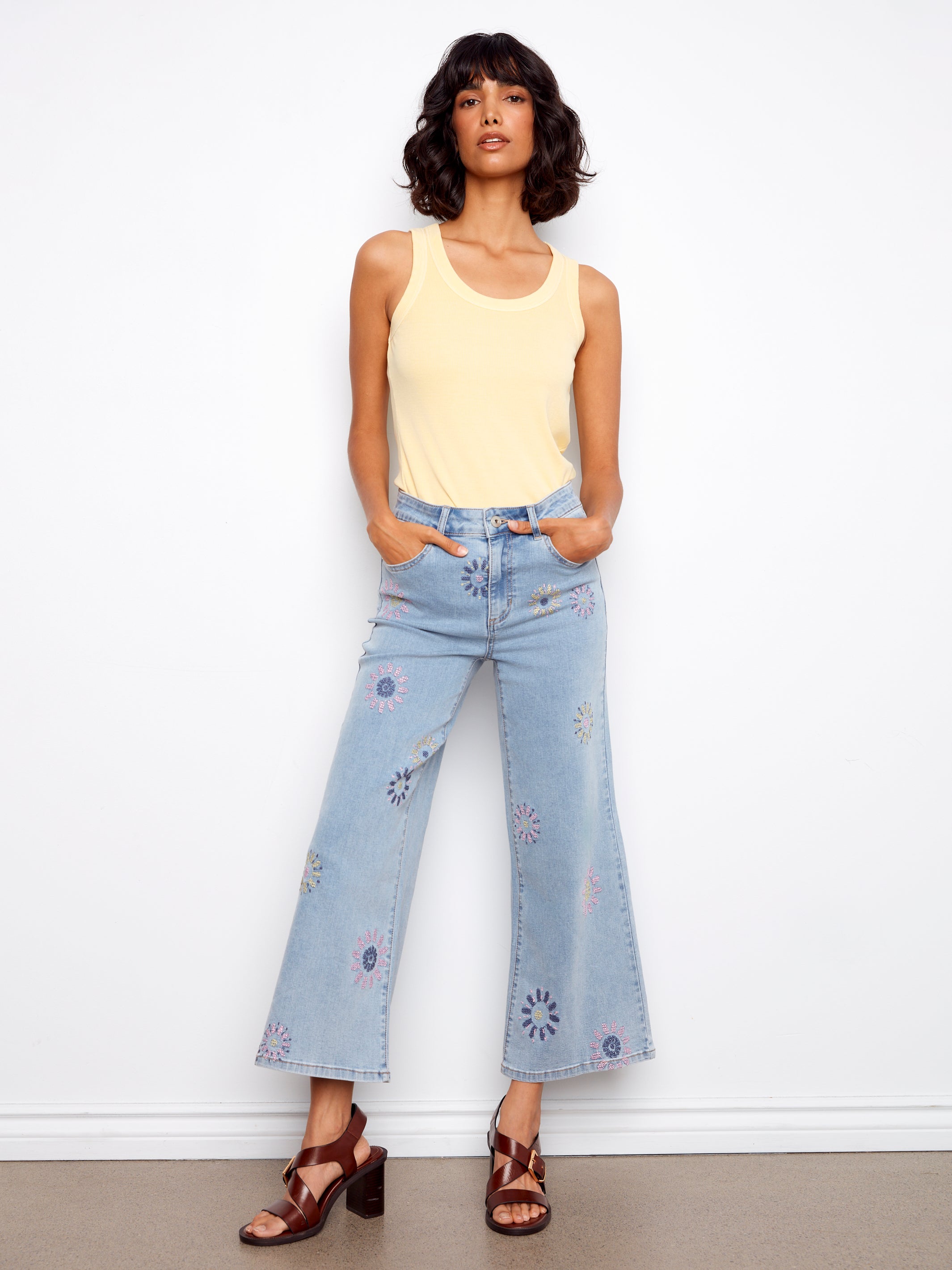Charlie B Pixelated Flower Jeans - Light Blue