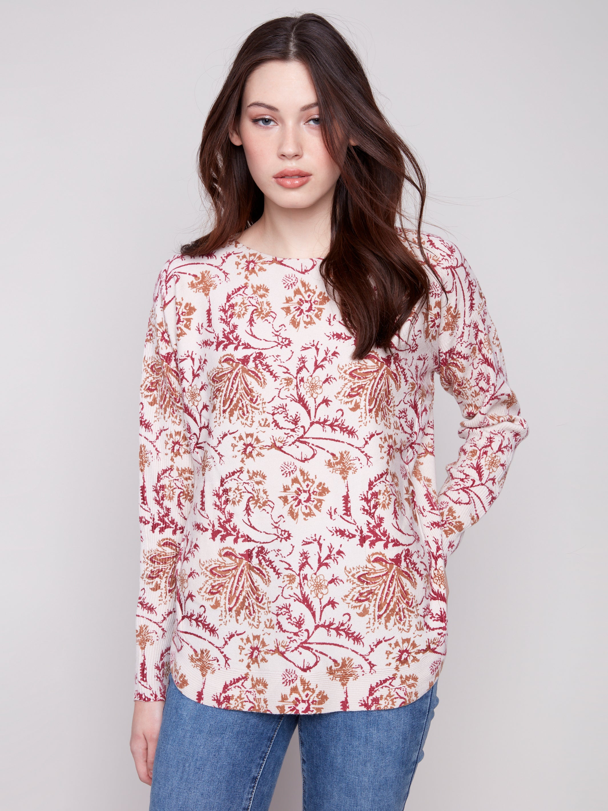 Charlie B Printed Round Hem Sweater - Calico