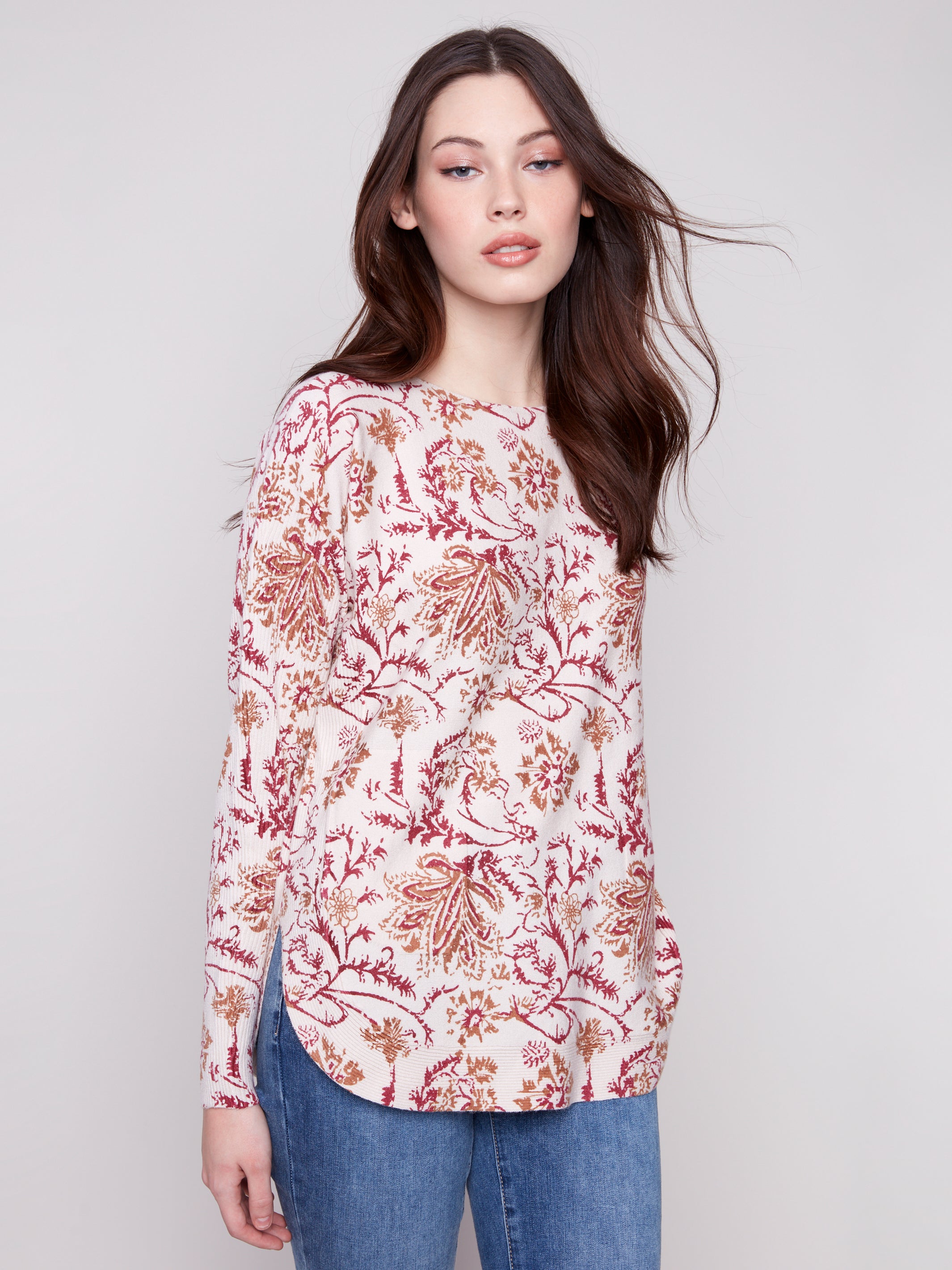 Charlie B Printed Round Hem Sweater - Calico