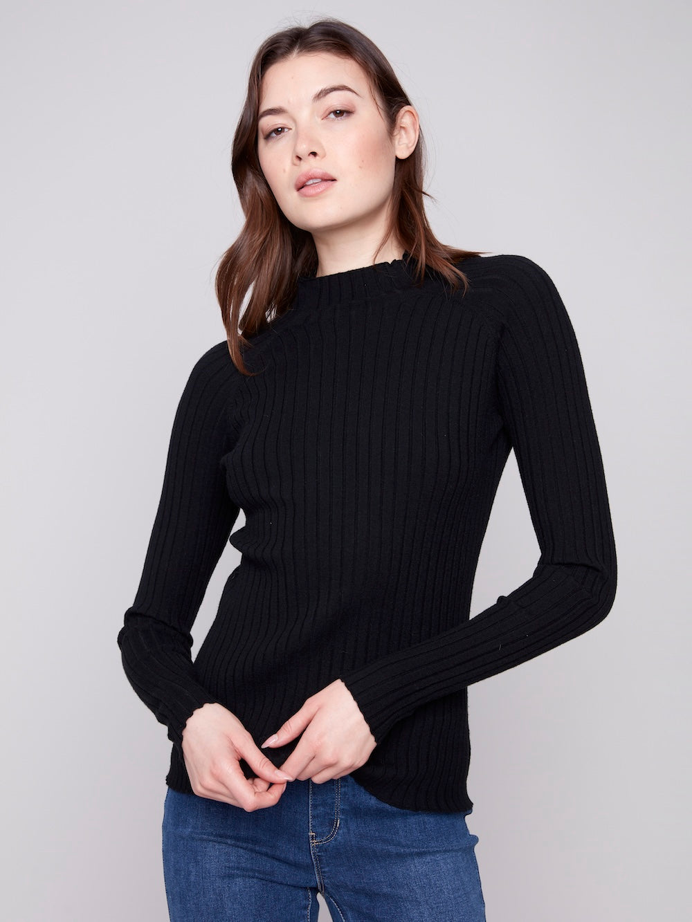 Charlie B Ribbed Knit Mock - Black