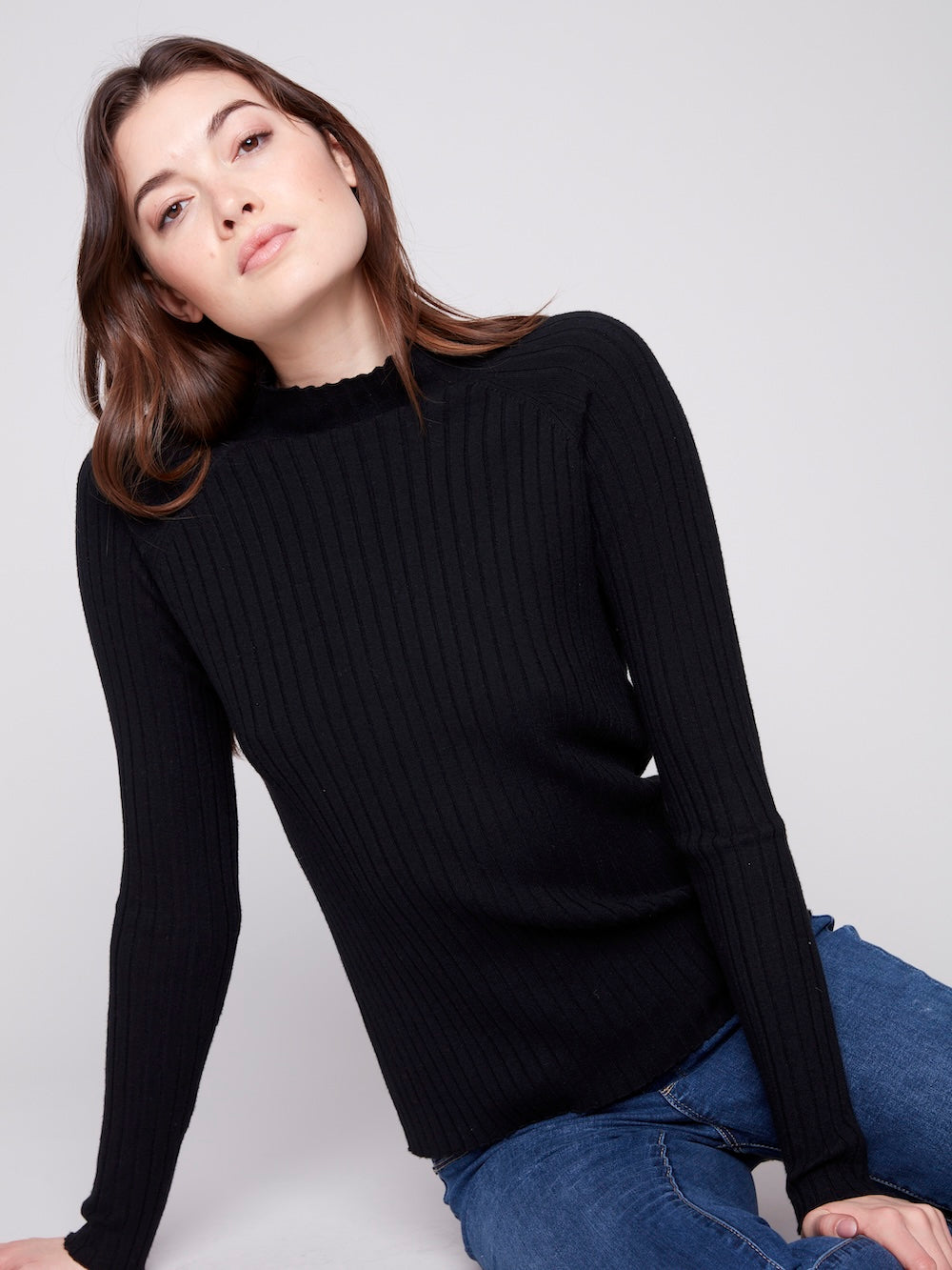 Charlie B Ribbed Knit Mock - Black