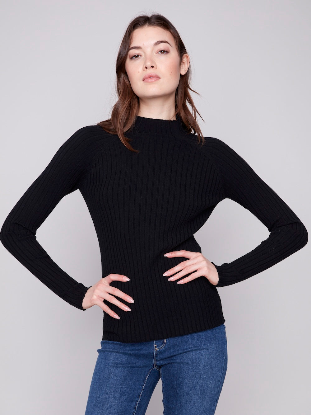 Charlie B Ribbed Knit Mock - Black
