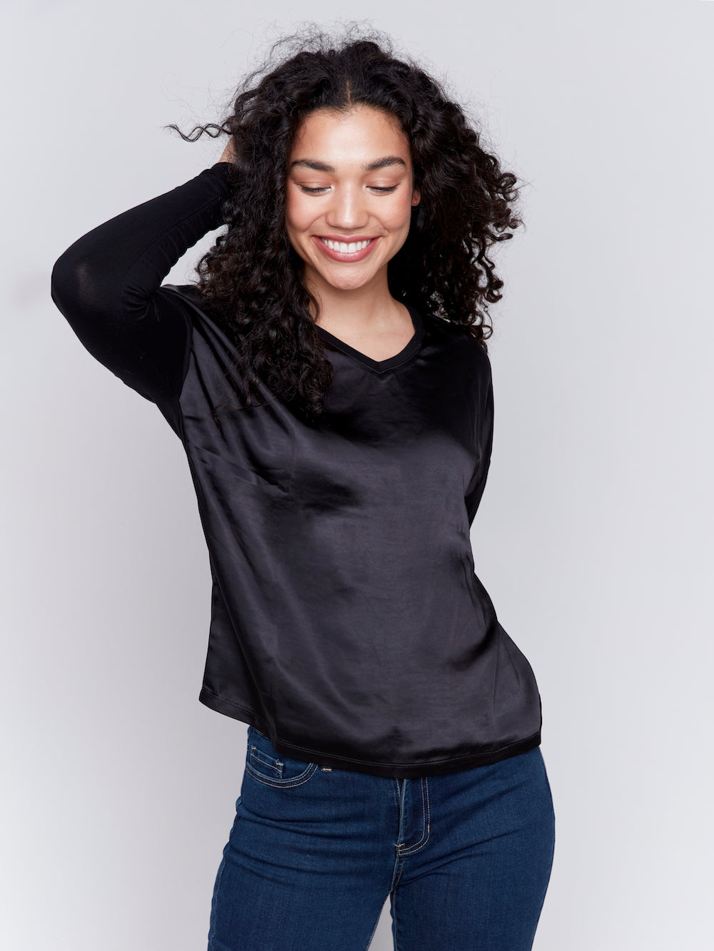 Charlie B Satin Jersey Top - Black Clothing - Tops - Shirts - LS Knits by Charlie B | Grace the Boutique