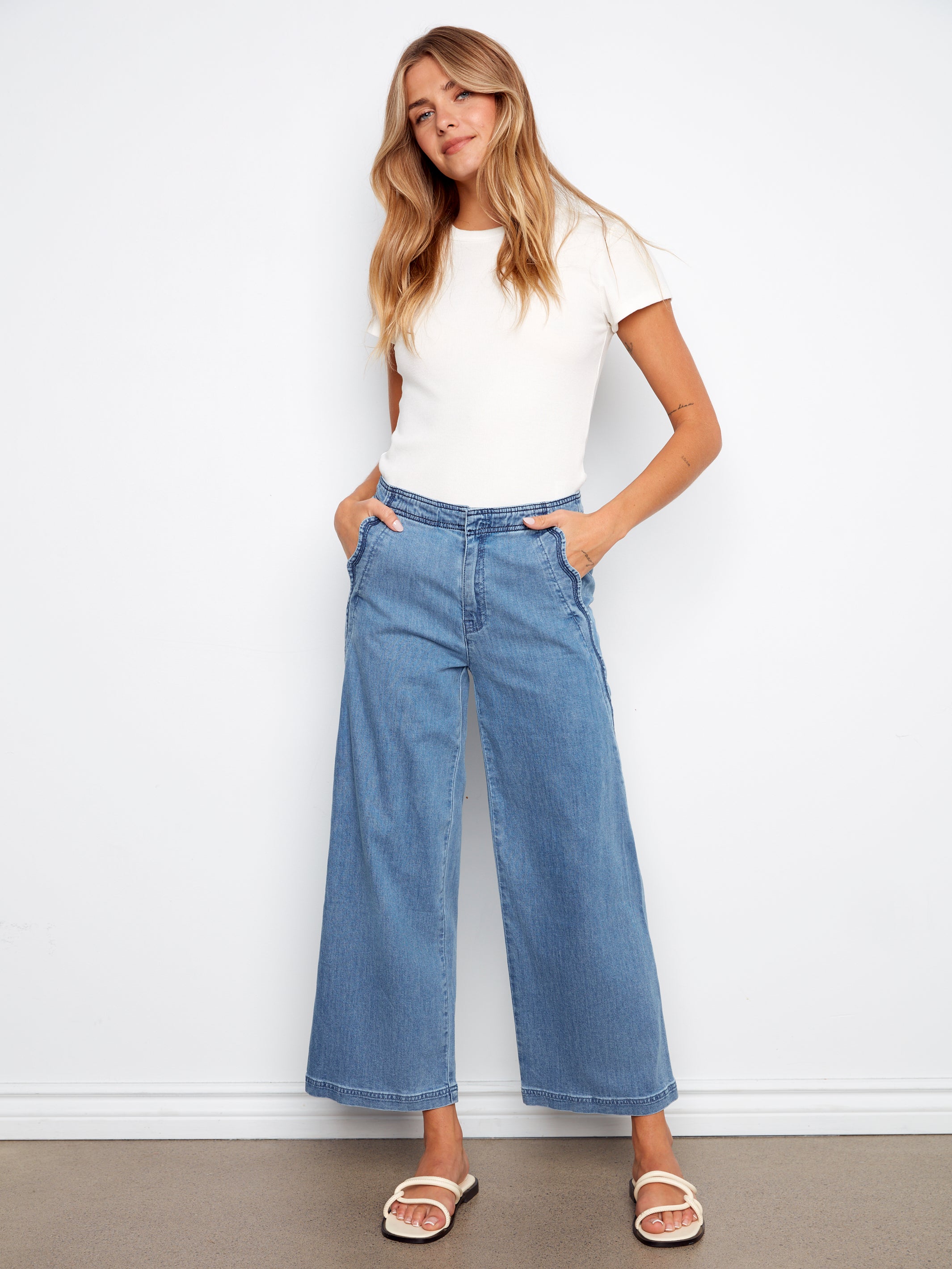 Charlie B Scallop Detail Cropped Wide Leg - Soft Blue