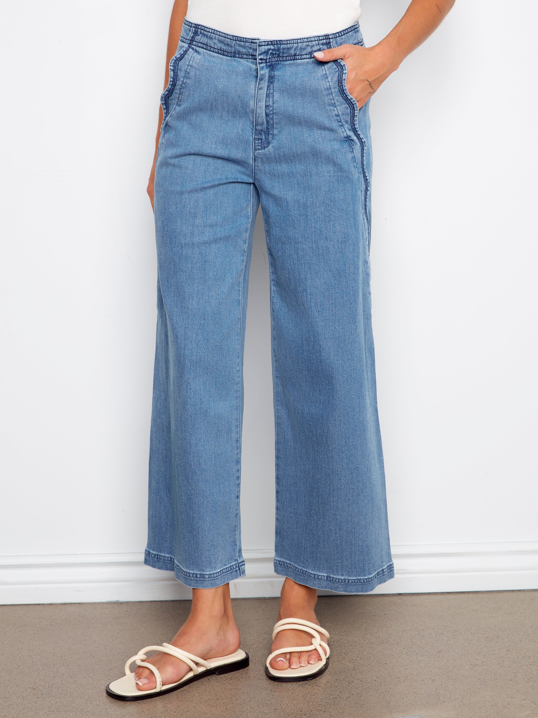 Charlie B Scallop Detail Cropped Wide Leg - Soft Blue