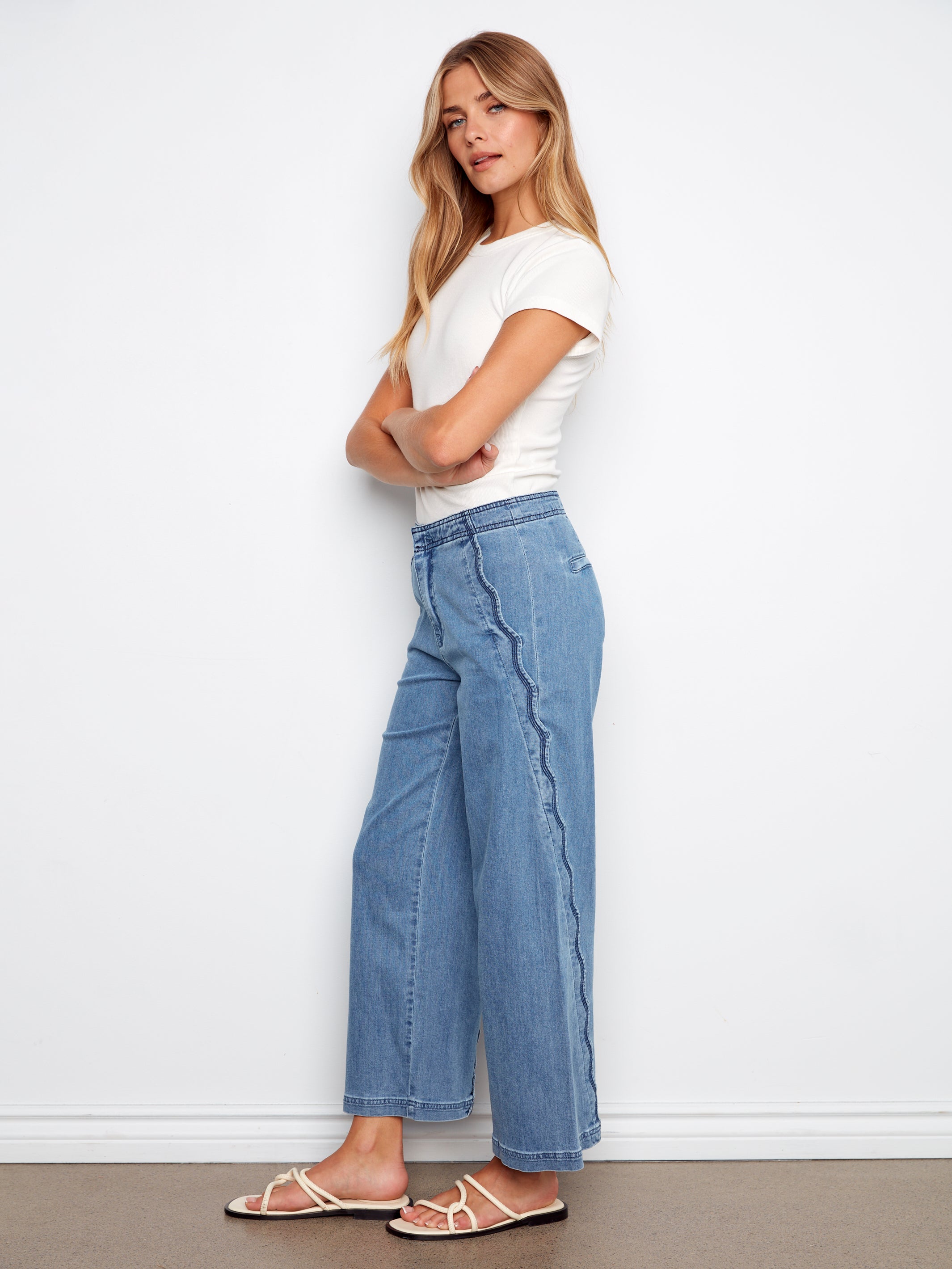 Charlie B Scallop Detail Cropped Wide Leg - Soft Blue