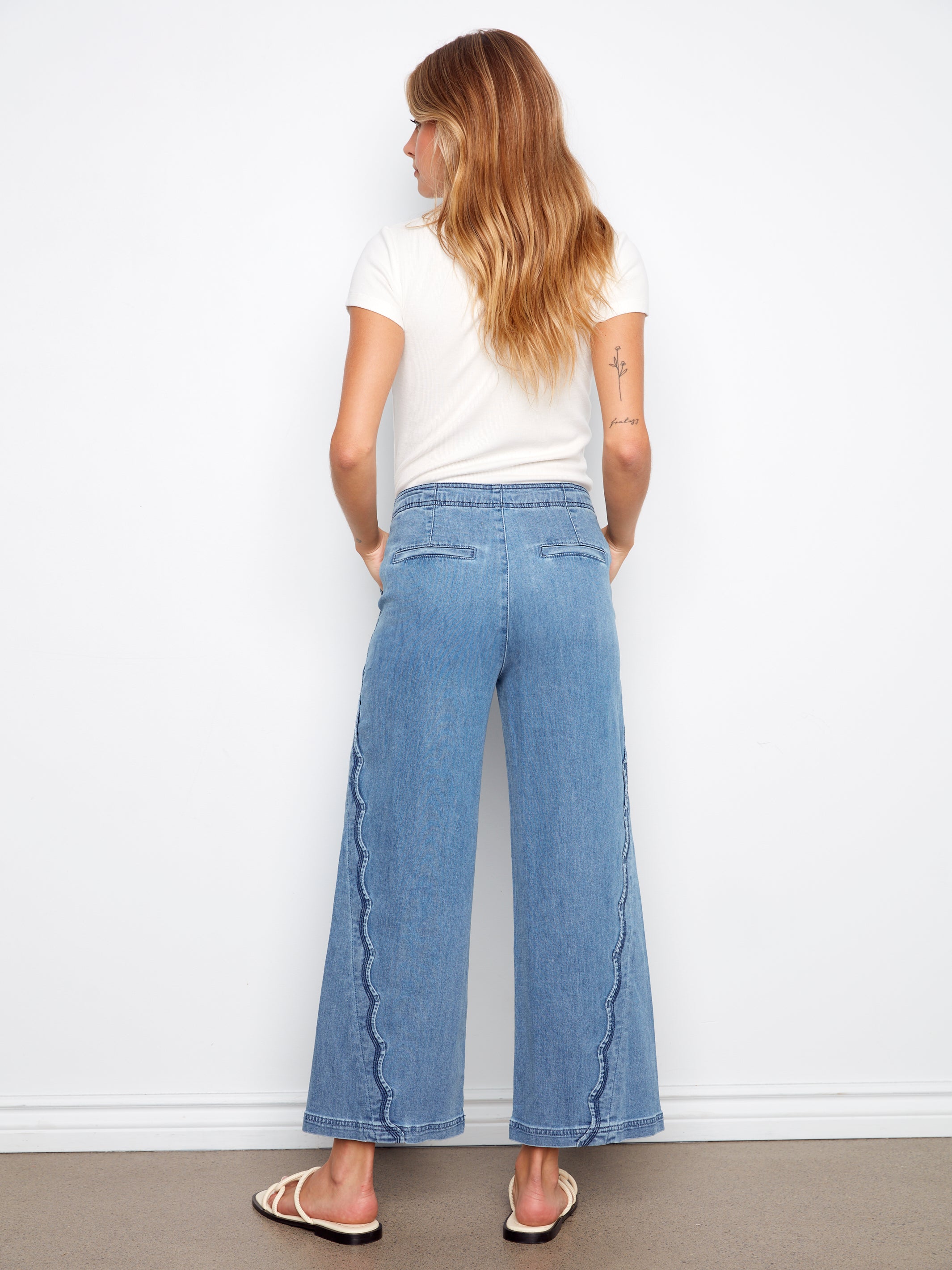 Charlie B Scallop Detail Cropped Wide Leg - Soft Blue