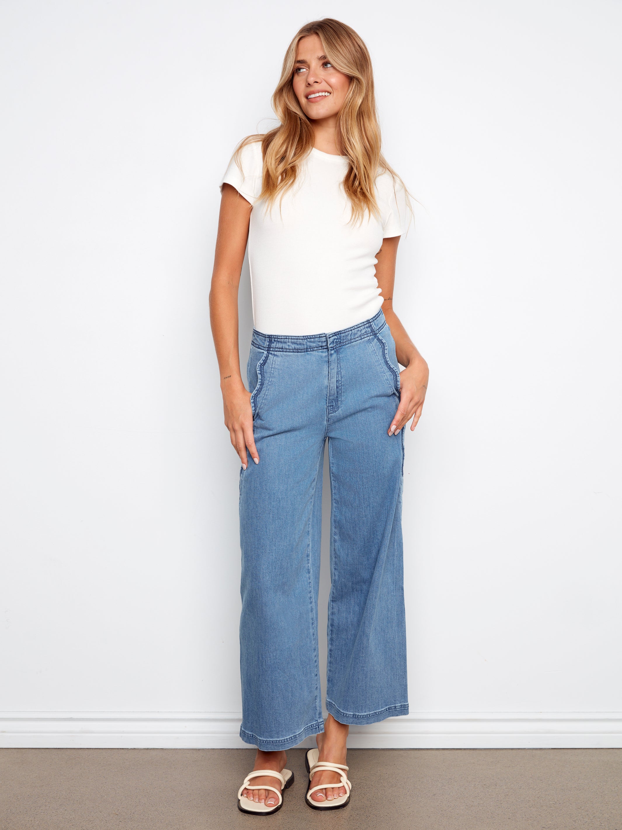 Charlie B Scallop Detail Cropped Wide Leg - Soft Blue
