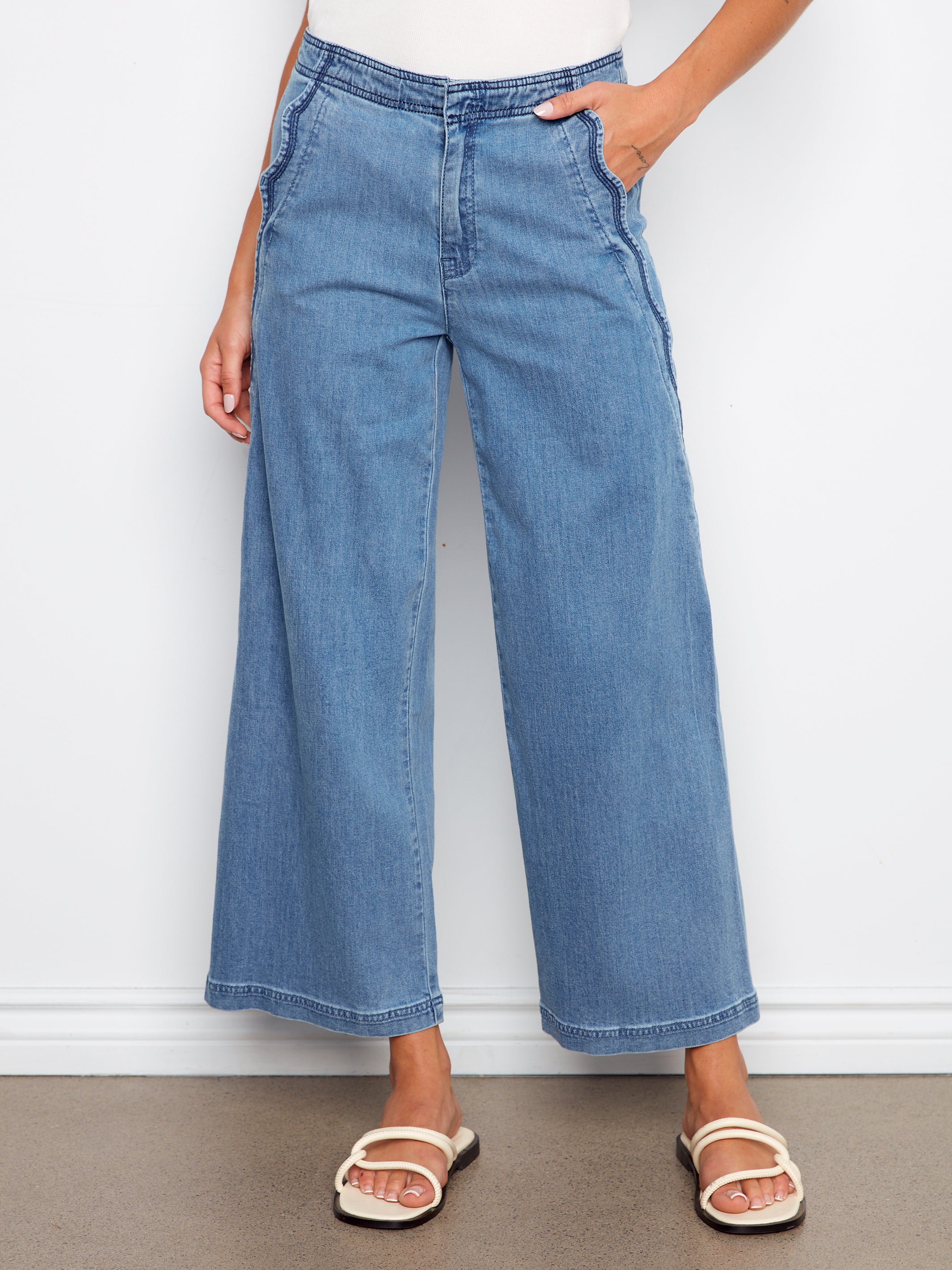 Charlie B Scallop Detail Cropped Wide Leg - Soft Blue